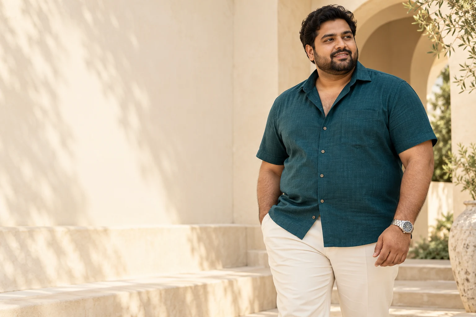 Plus-size Indian man wearing a teal shirt in a warm stone courtyard