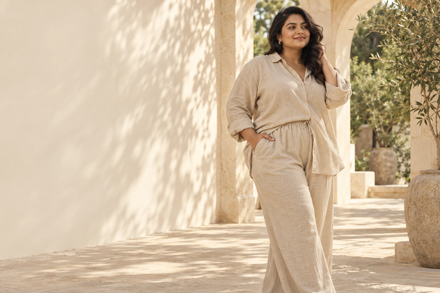 Plus-size Indian woman in a neutral linen outfit in a sunlit courtyard