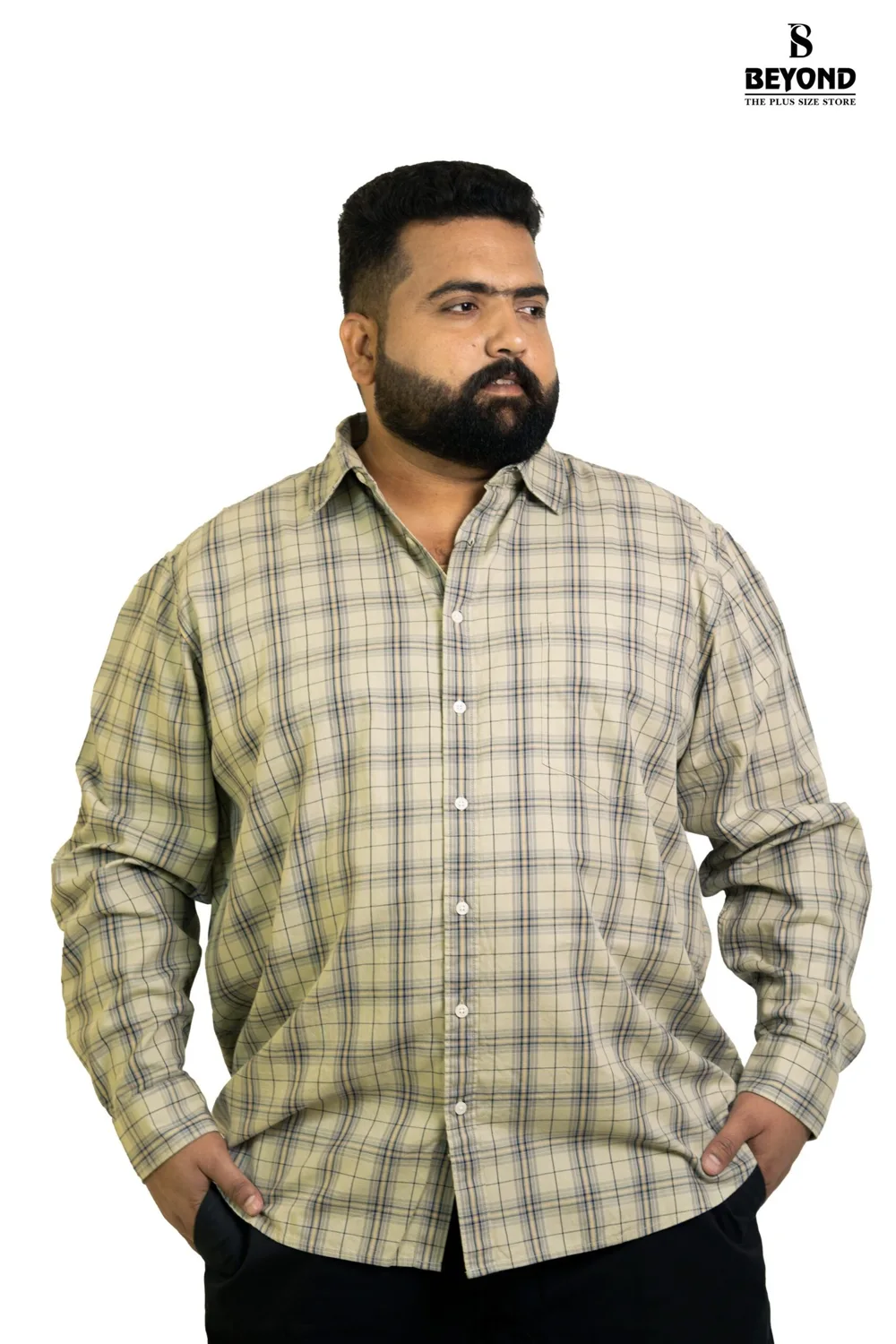 Classic Beige Grid-Check Cotton Shirt (3XL–7XL)