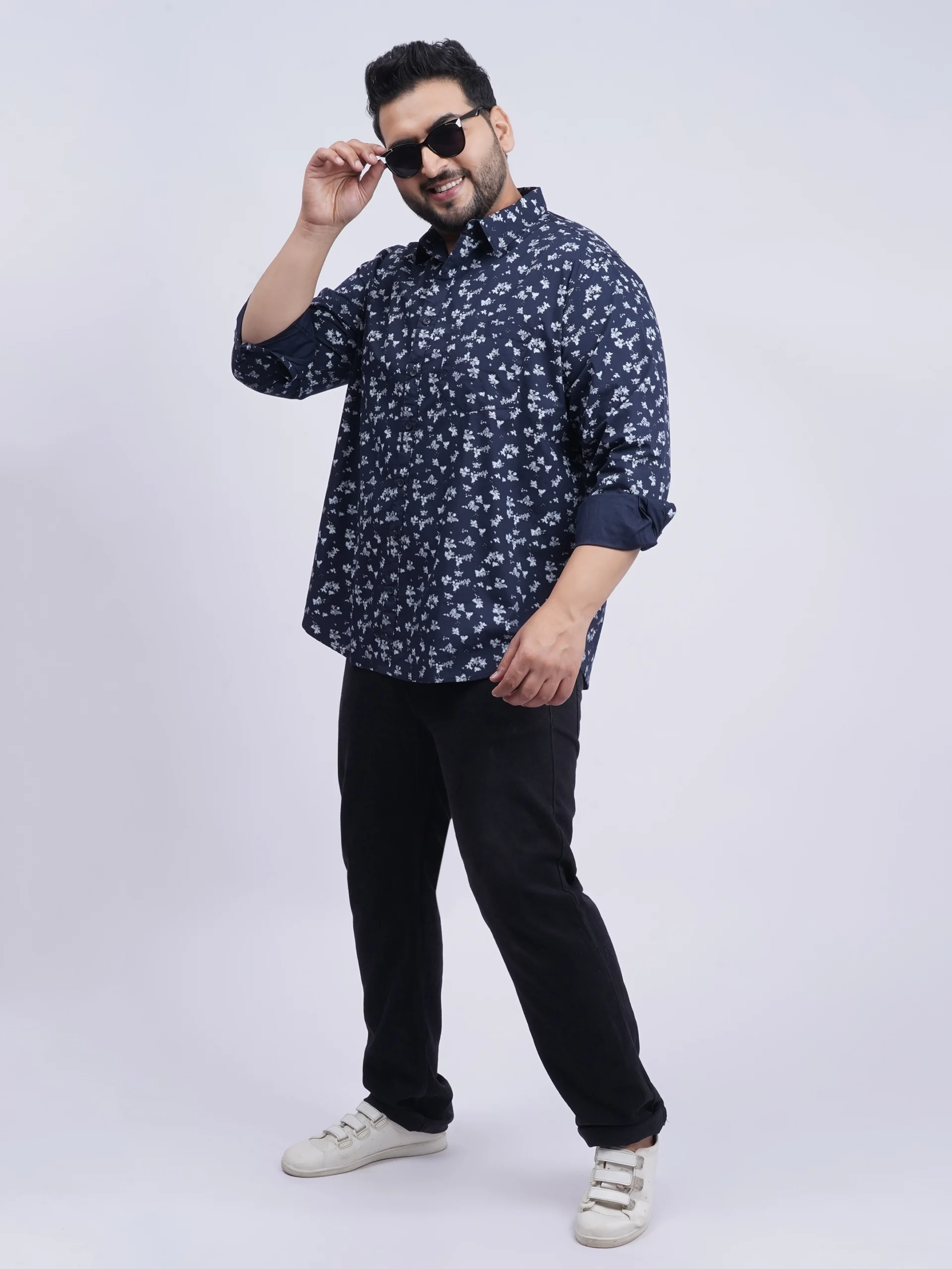 Navy Blue Floral Printed Plus-Size Shirt for Men (3XL–8XL)