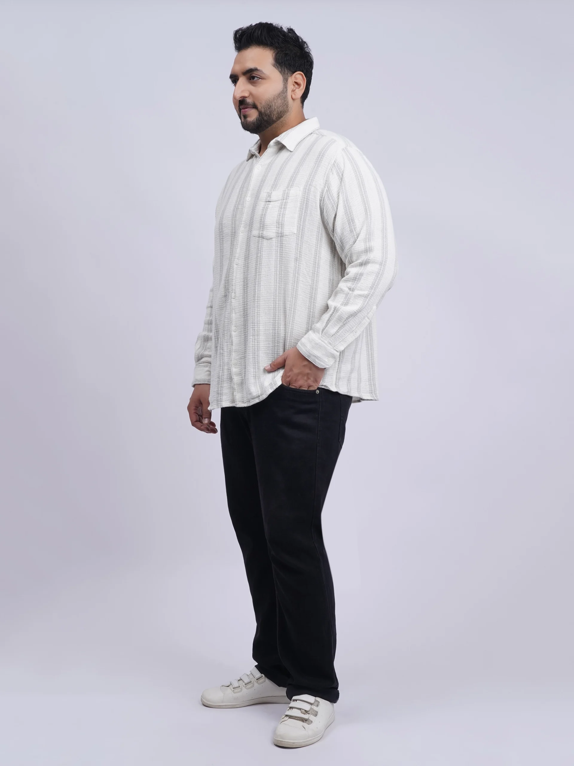 White Textured Striped Plus-Size Shirt for Men (3XL–8XL) - Image 5