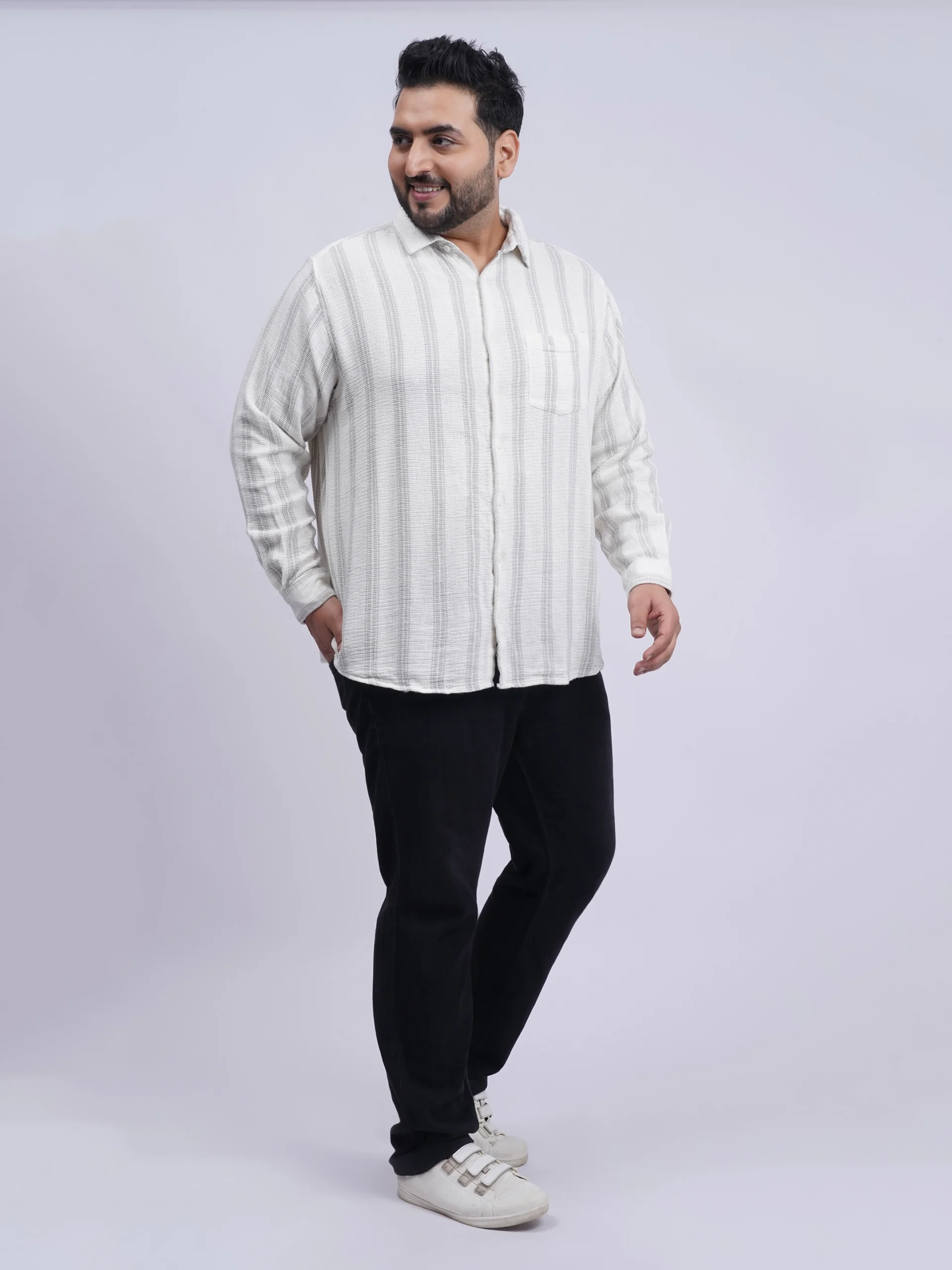 White Textured Striped Plus-Size Shirt for Men (3XL–8XL) - Image 4
