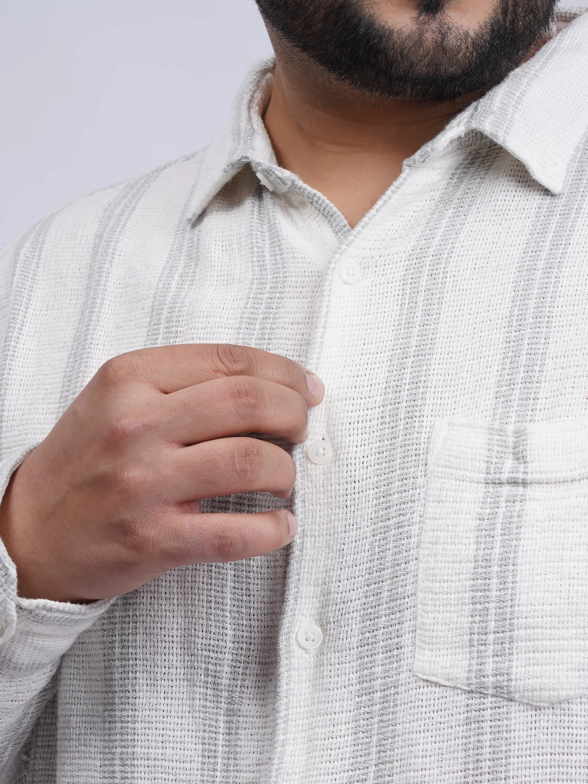 White Textured Striped Plus-Size Shirt for Men (3XL–8XL) - Image 3