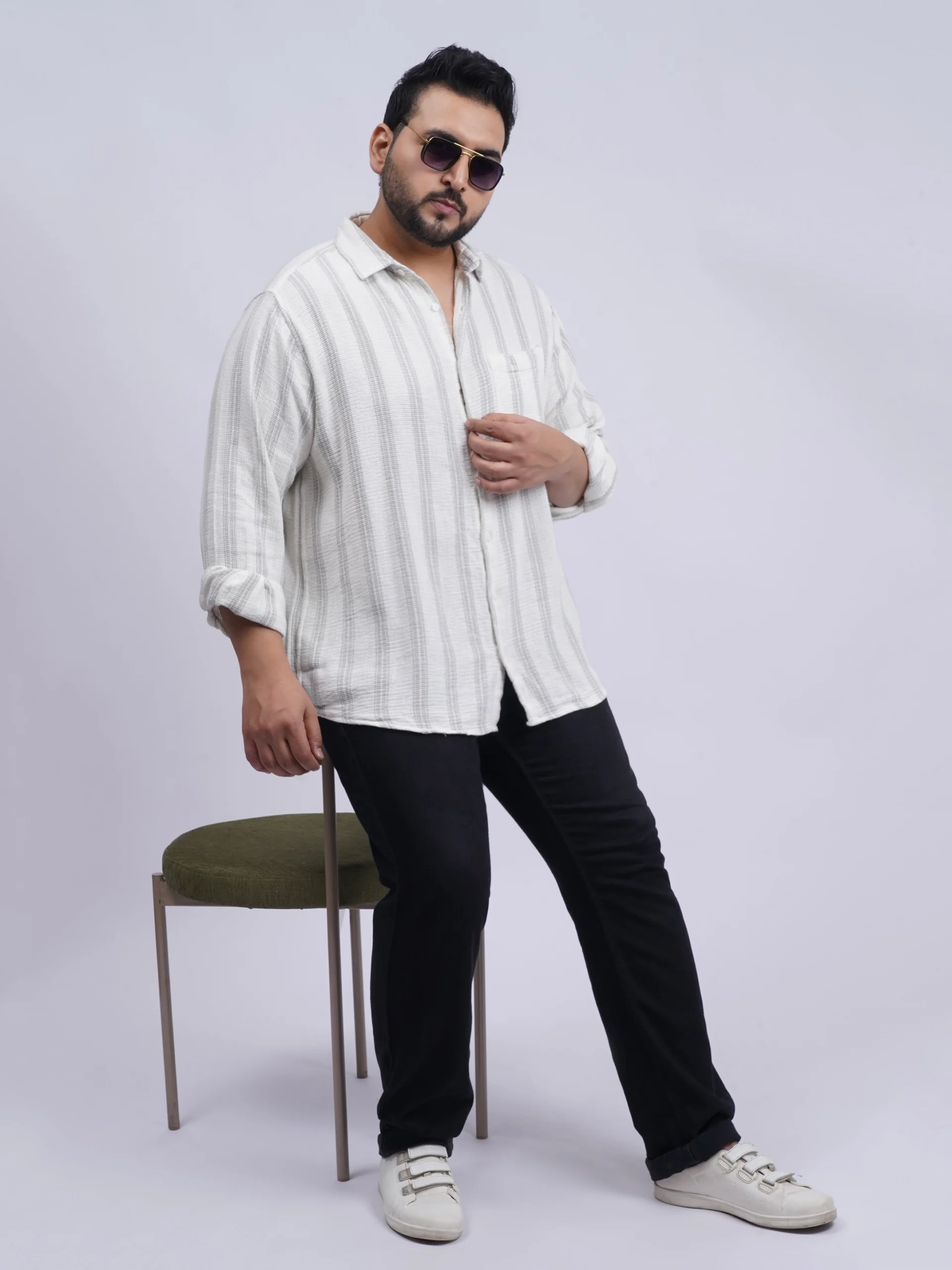 White Textured Striped Plus-Size Shirt for Men (3XL–8XL)