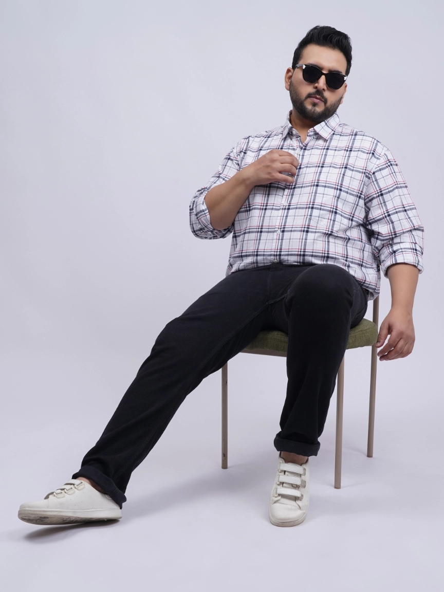 White Multi-Check Cotton Plus-Size Shirt for Men (3XL–8XL) | Beyond The Plus Size Store