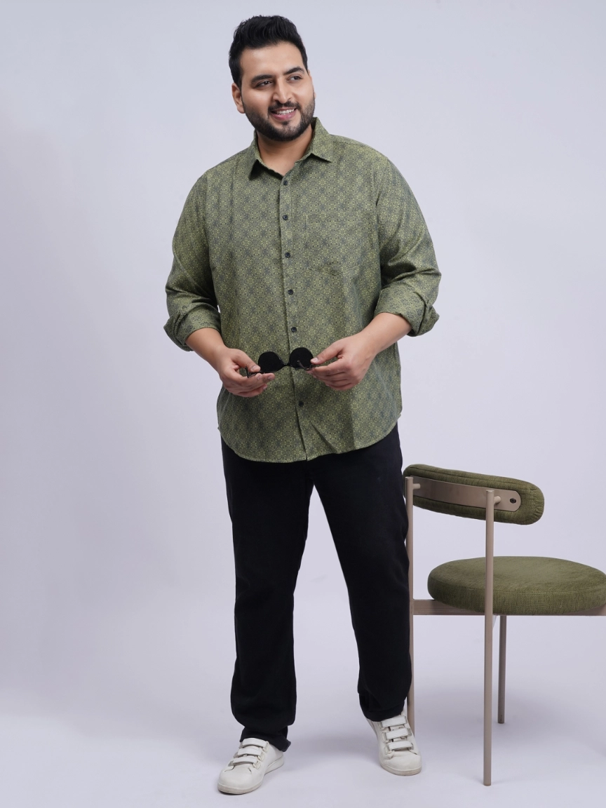 Olive Geometric Printed Plus-Size Shirt for Men