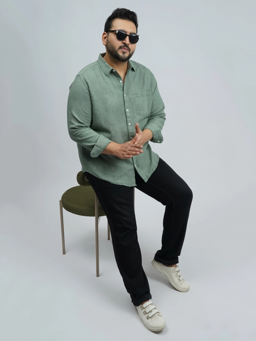 Sage Green Textured Solid Plus-Size Shirt for Men