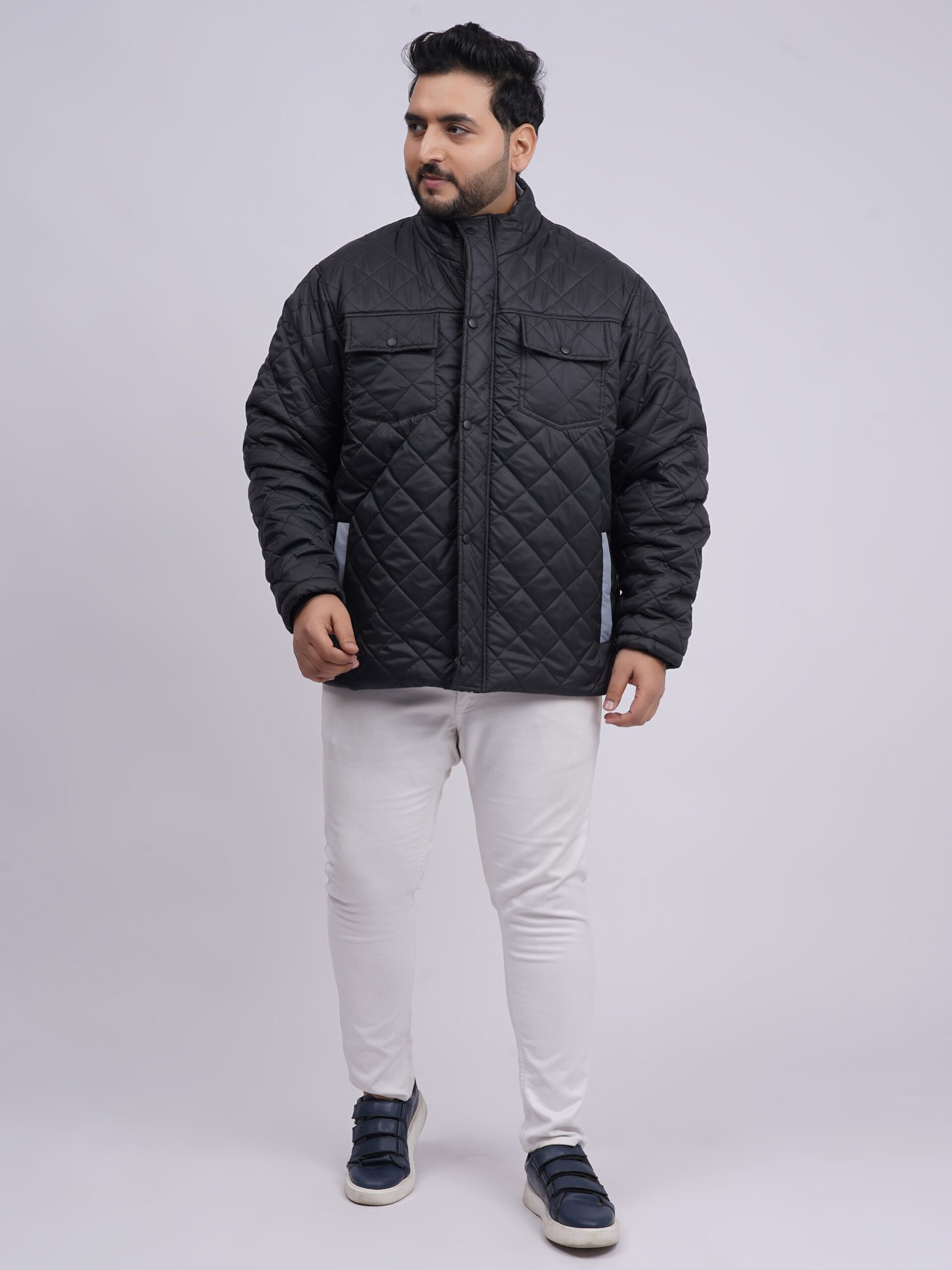 Men’s Plus Size Black Quilted Winter Jacket with Double Pockets