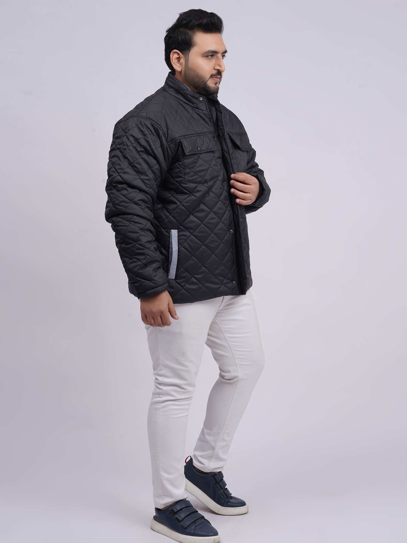 Men’s Plus Size Black Quilted Winter Jacket with Double Pockets