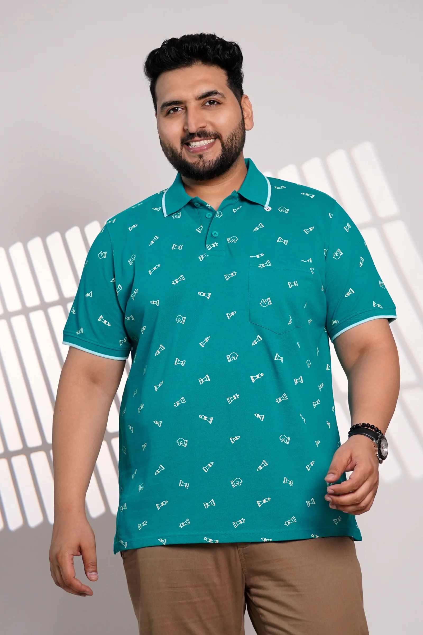 Plus Size Teal Chess Print Polo T-Shirt for Men