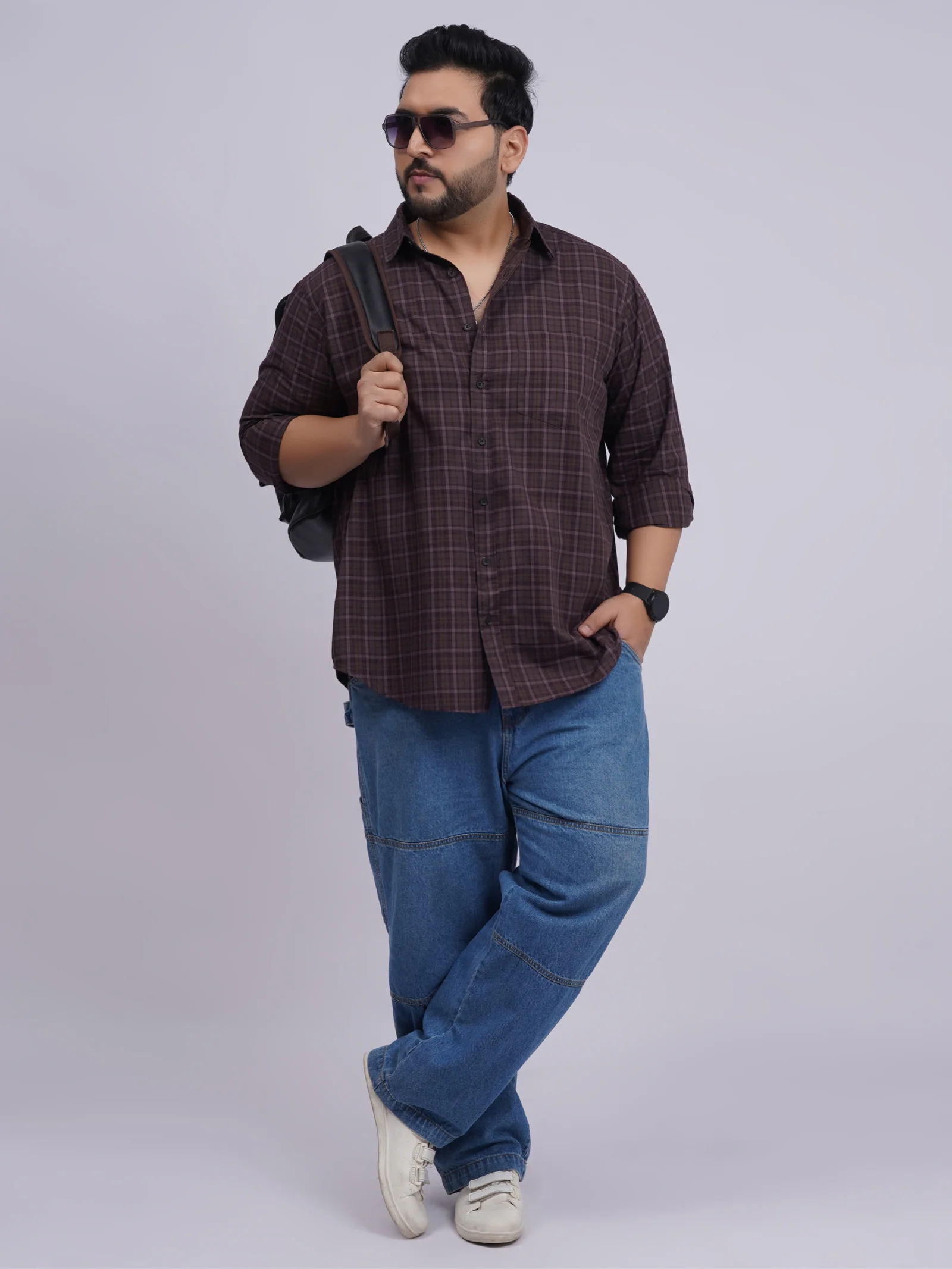 Plus Size Dark Brown Checked Casual Shirt for Men