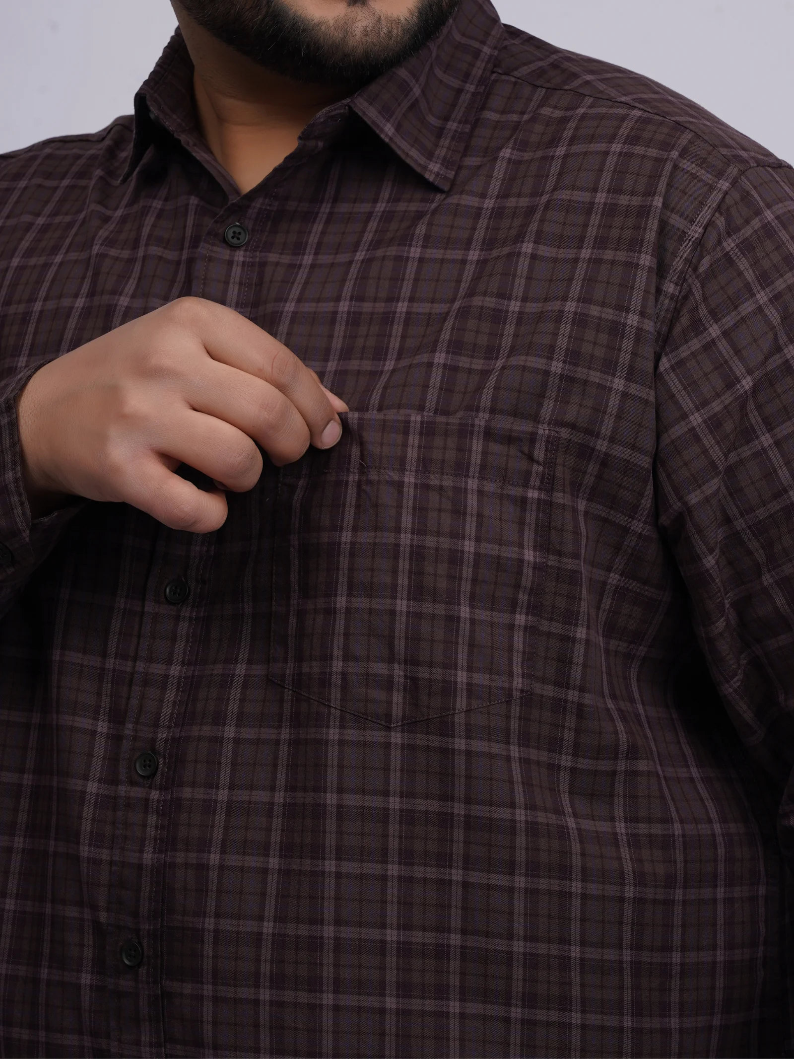 Plus Size Dark Brown Checked Casual Shirt for Men