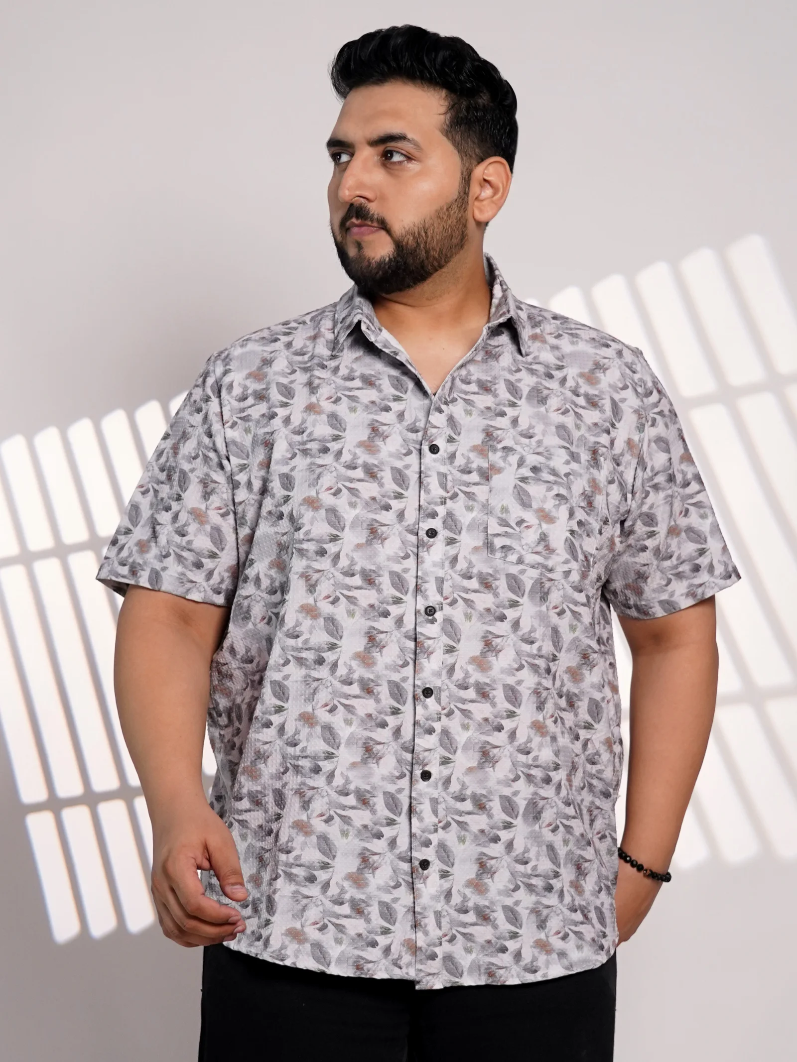 Plus Size Grey Floral Printed Casual Shirt for Men