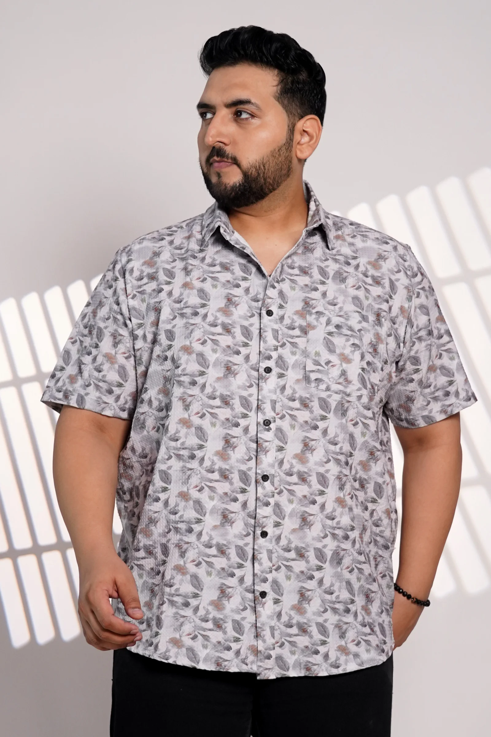 Plus Size Grey Floral Printed Casual Shirt for Men