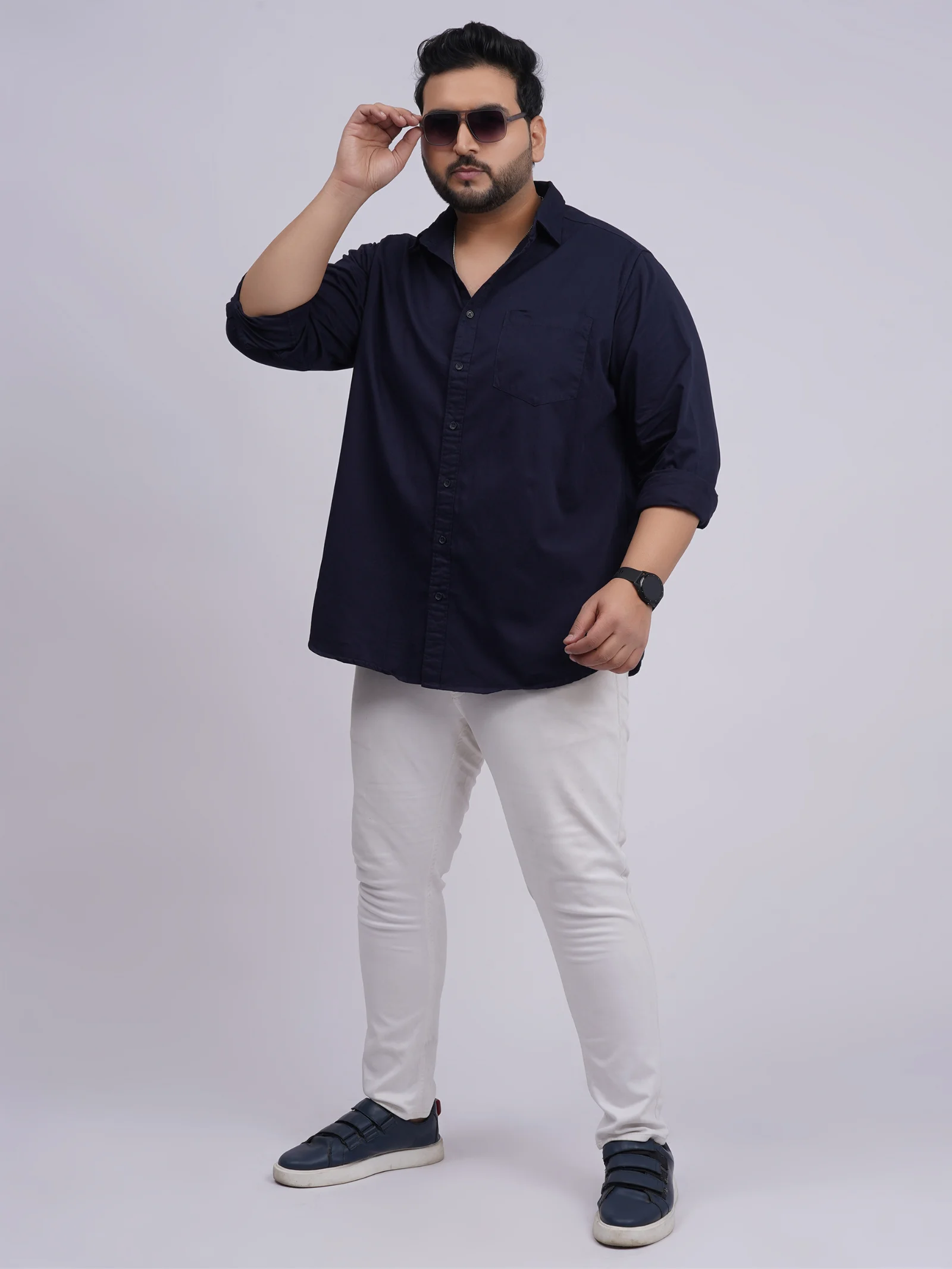 Plus Size Navy Blue Solid Casual Shirt for Men