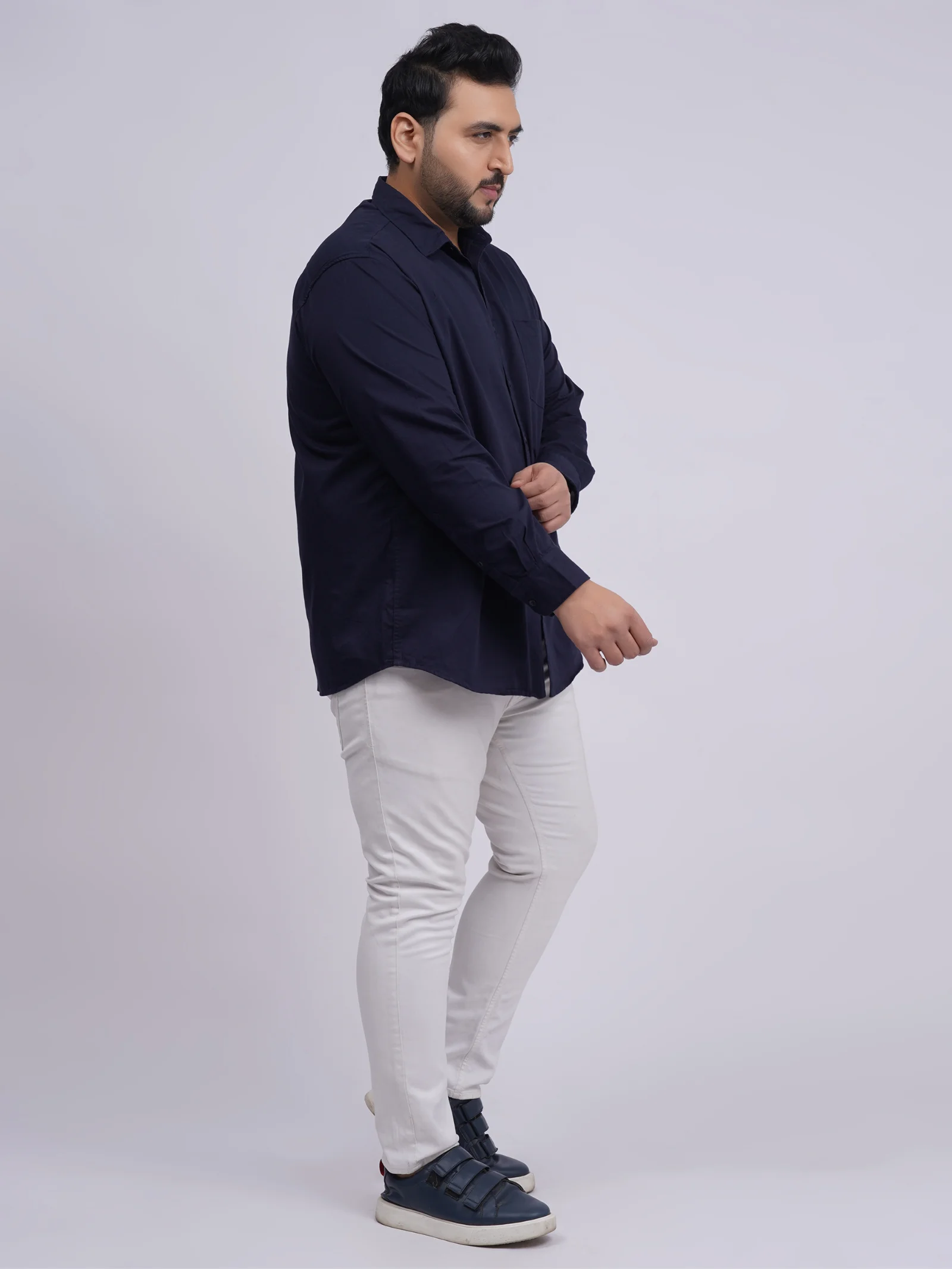 Plus Size Navy Blue Solid Casual Shirt for Men - Image 4