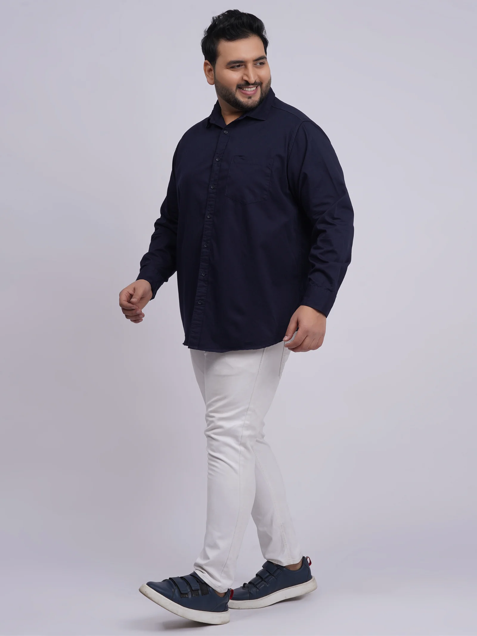 Plus Size Navy Blue Solid Casual Shirt for Men - Image 3