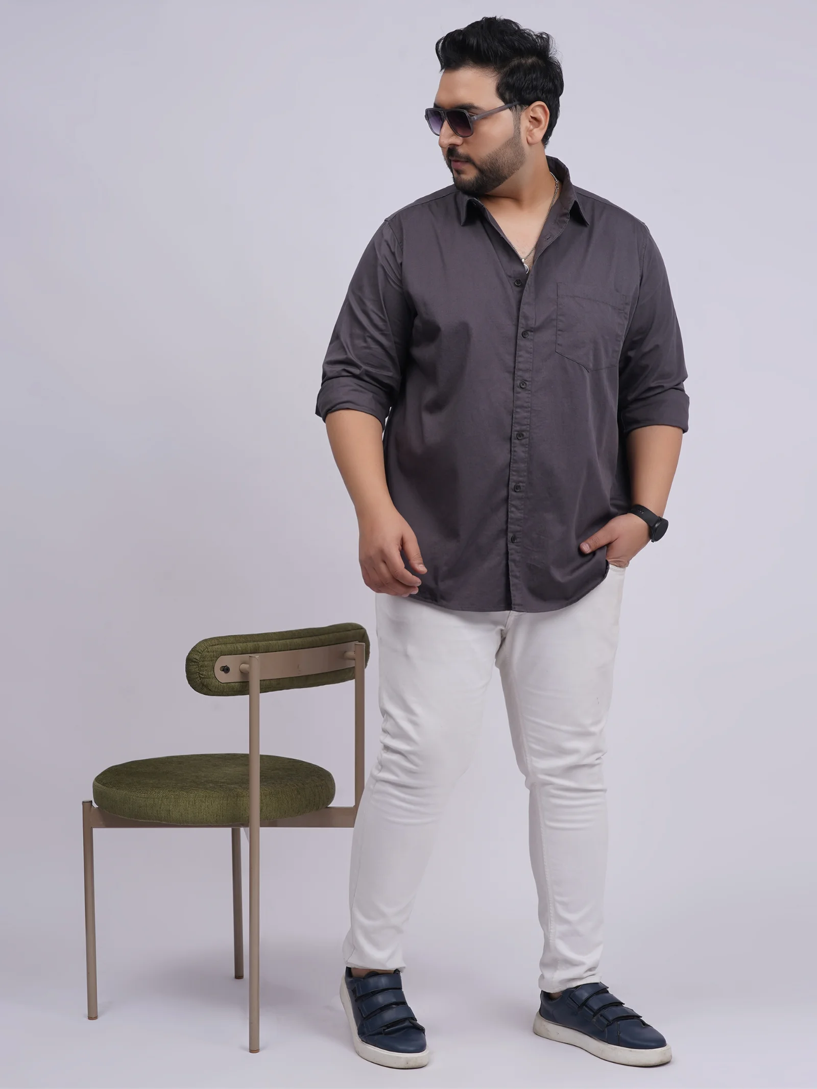 Plus Size Charcoal Grey Solid Casual Shirt for Men