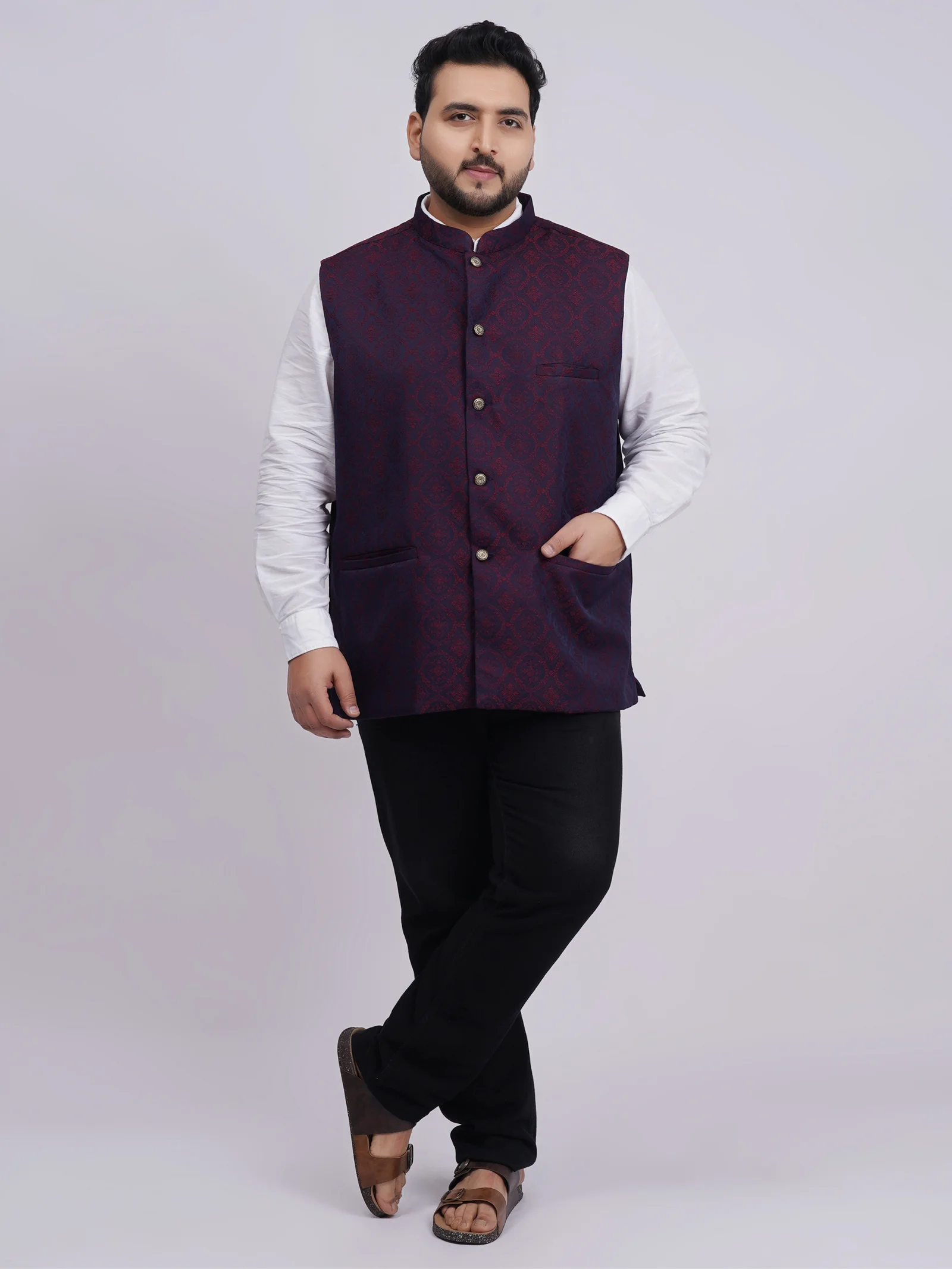 Plus Size Royal Blue & Maroon Jacquard Ethnic Waistcoat for Men