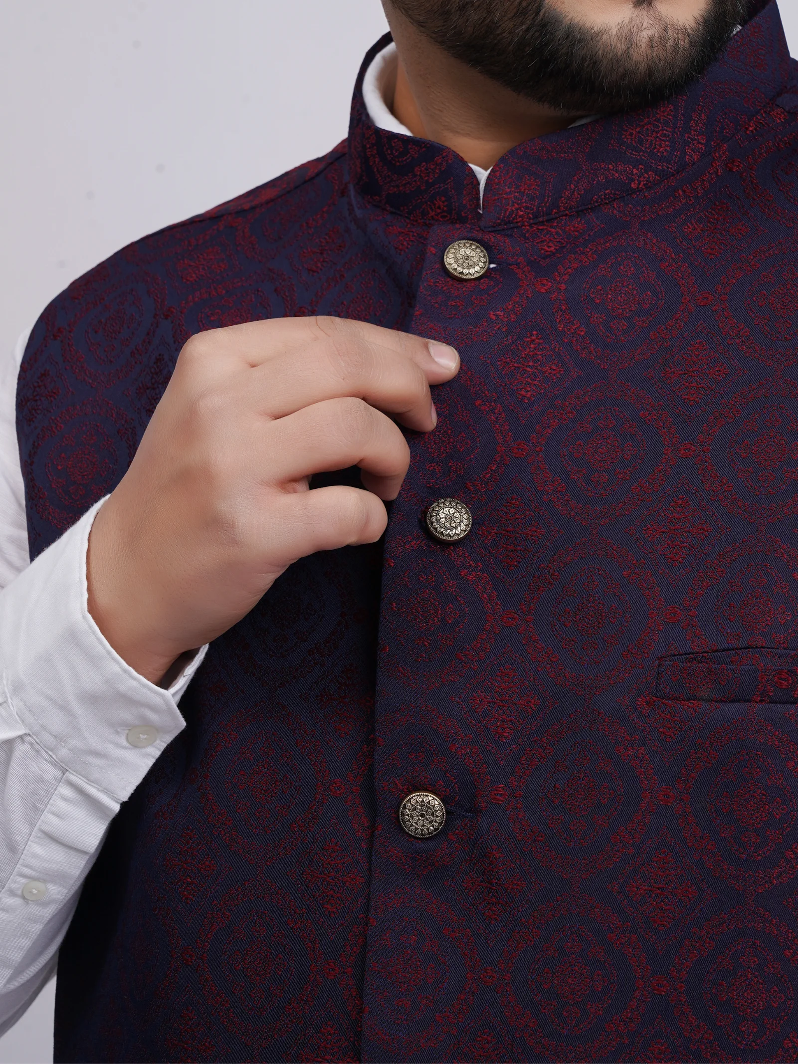 Plus Size Royal Blue & Maroon Jacquard Ethnic Waistcoat for Men