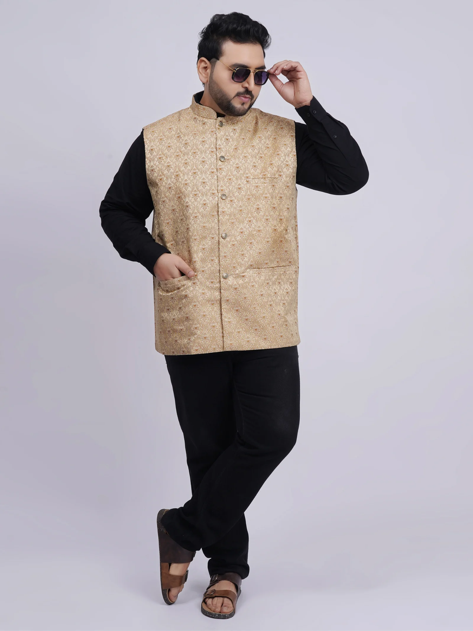 Plus Size Premium Beige Gold Jacquard Ethnic Waistcoat for Men
