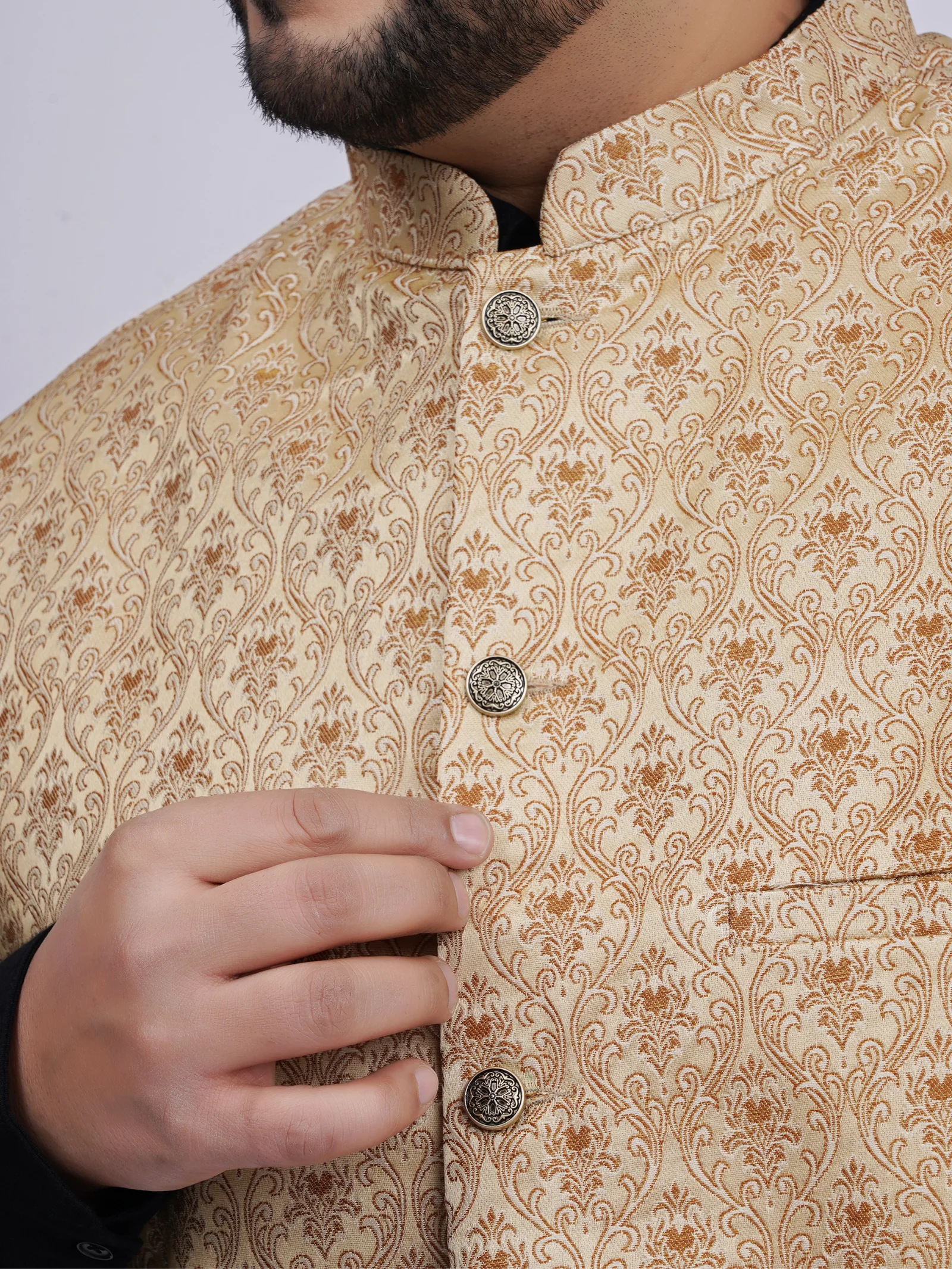 Plus Size Premium Beige Gold Jacquard Ethnic Waistcoat for Men