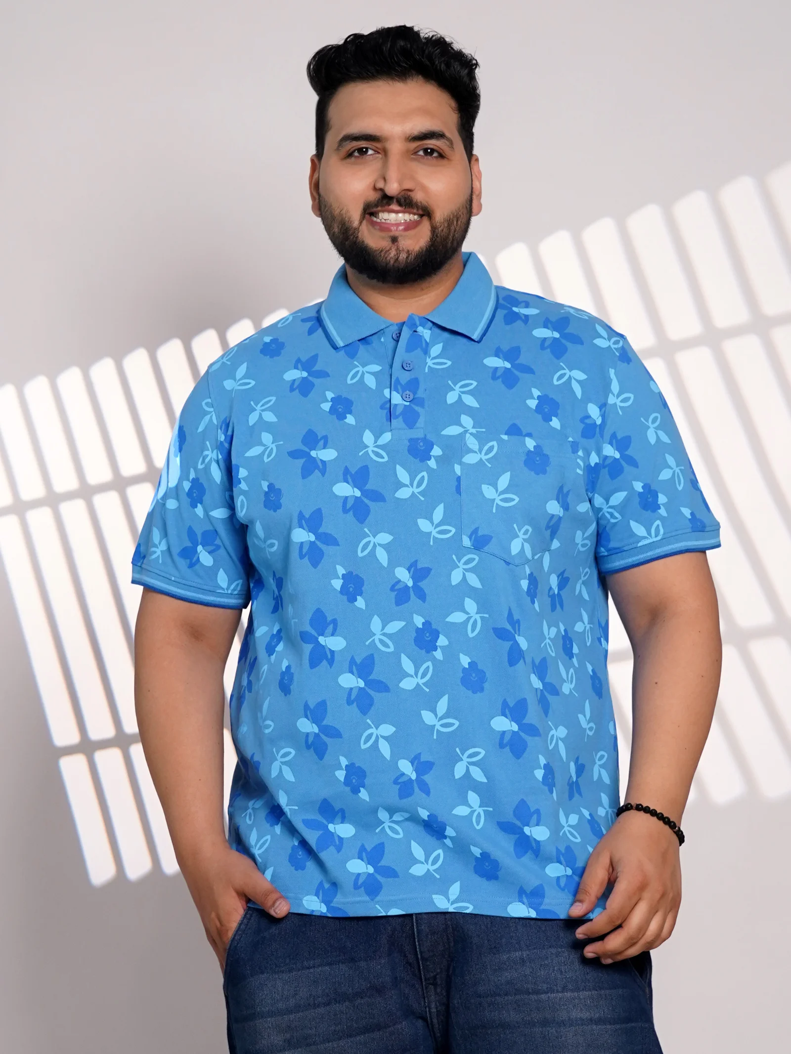 Plus Size Sky Blue Floral Print Polo T-Shirt for Men