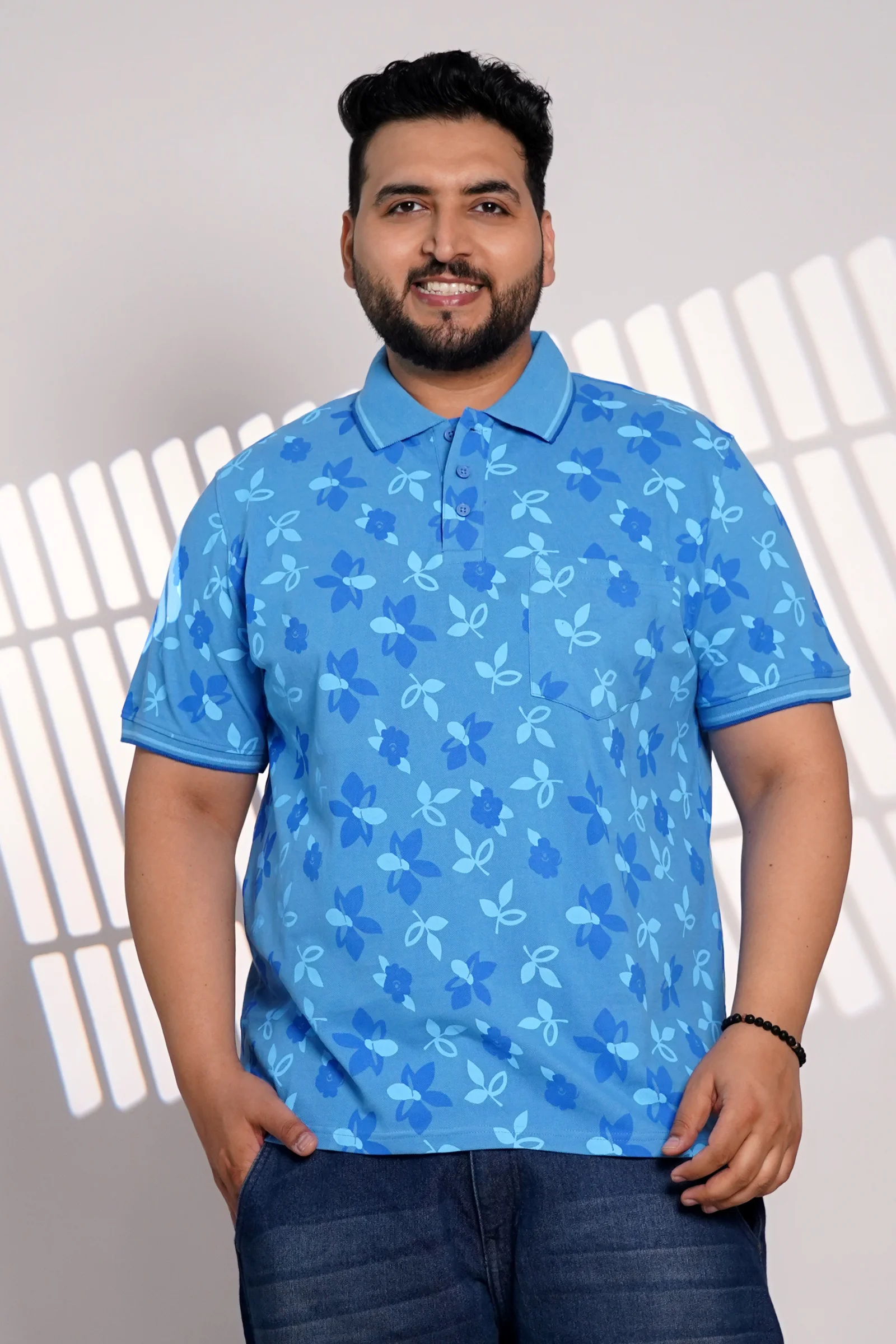 Plus Size Sky Blue Floral Print Polo T-Shirt for Men