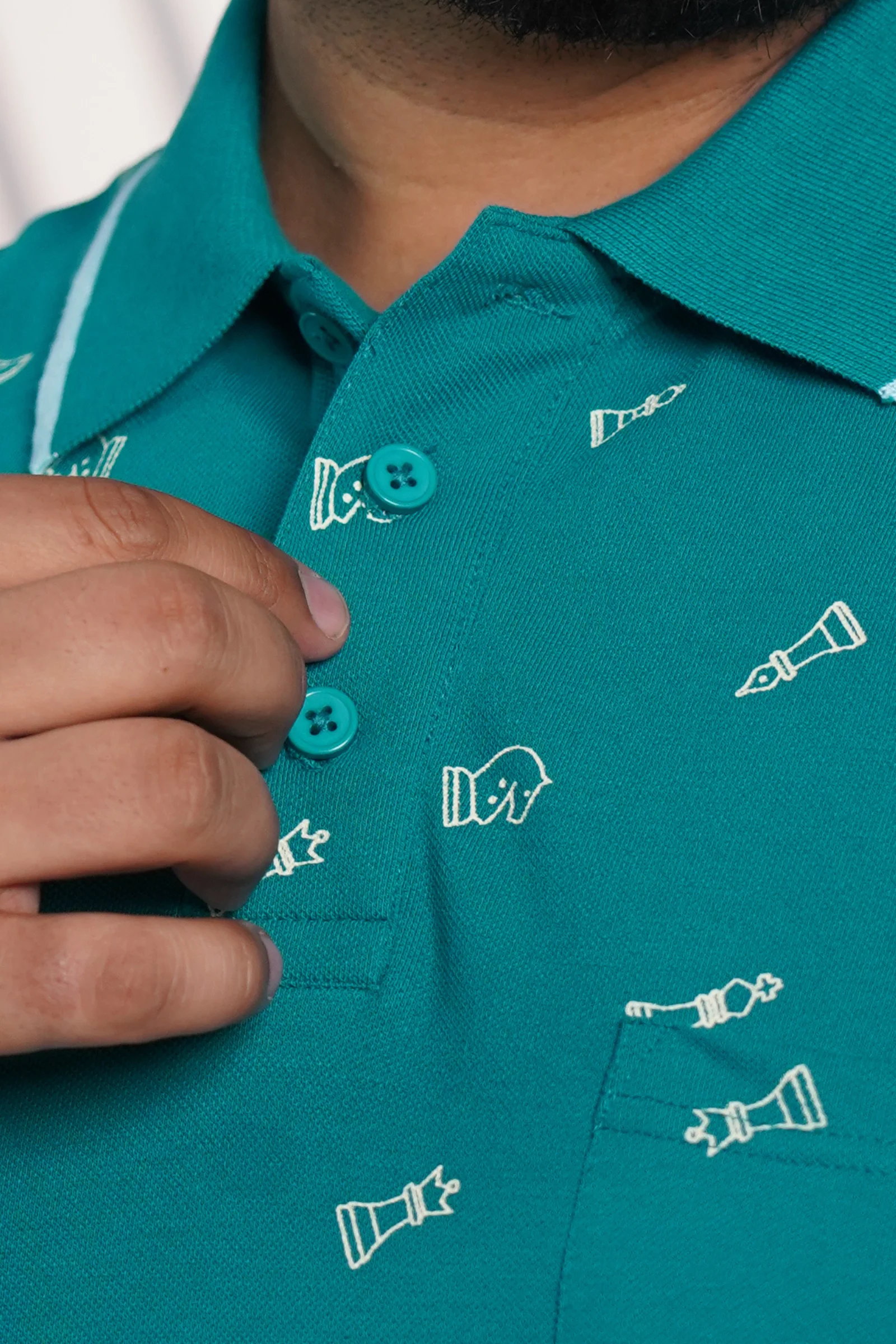 Plus Size Teal Chess Print Polo T-Shirt for Men
