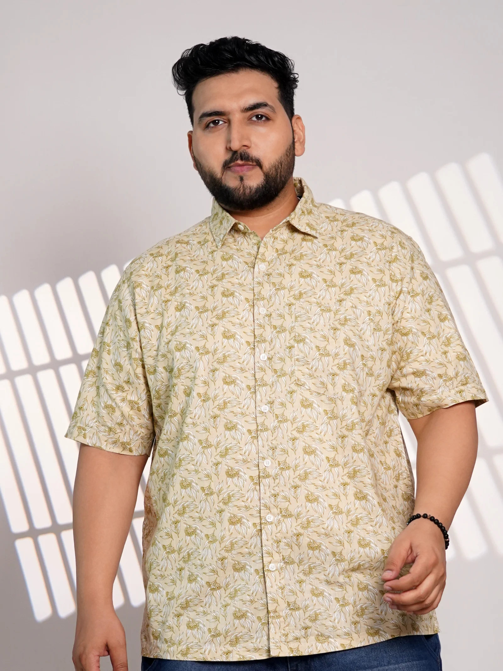 Plus Size Beige Floral Printed Casual Shirt for Men