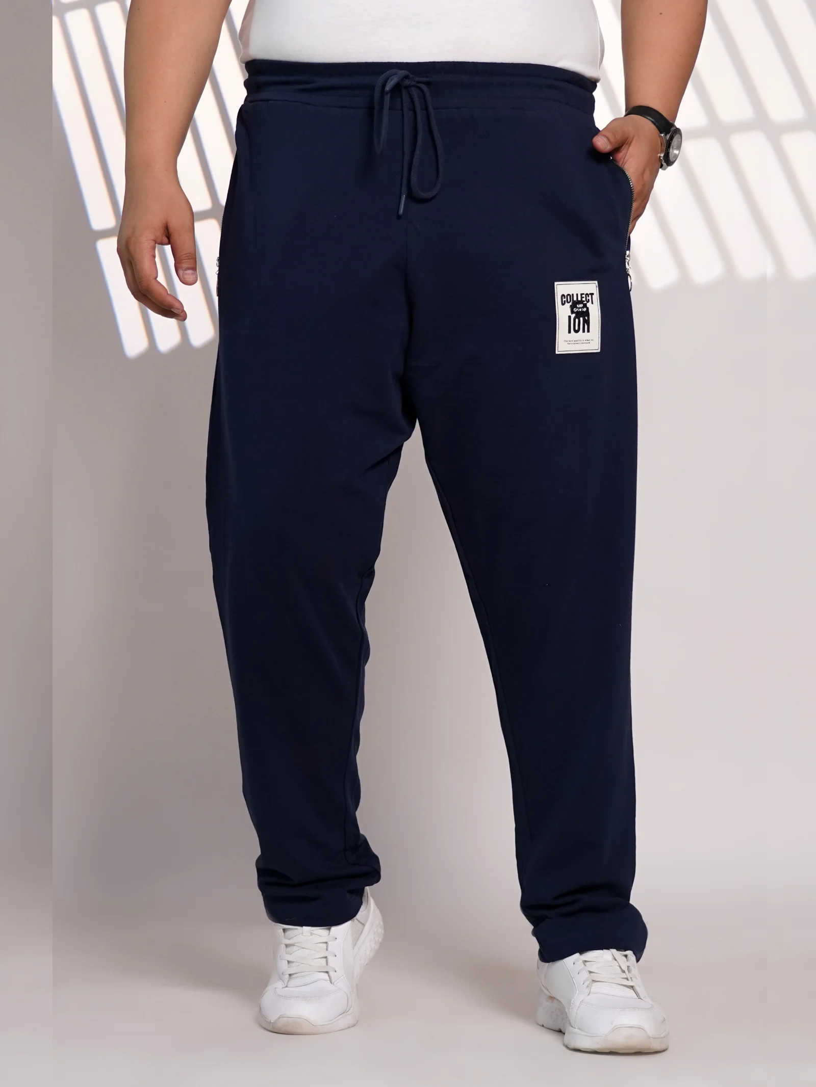 Plus Size Navy Blue Solid Jogger Track Pant for Men with Zipper Pocket