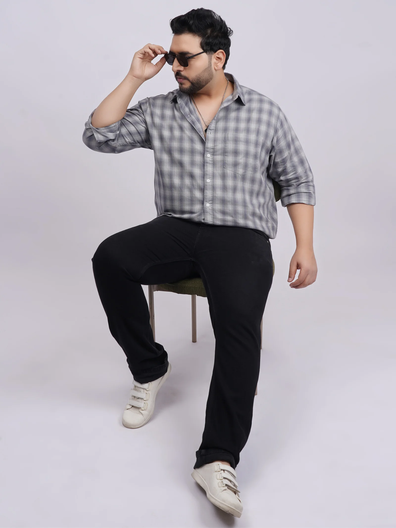 Plus Size Grey Checked Full Sleeve Shirt for