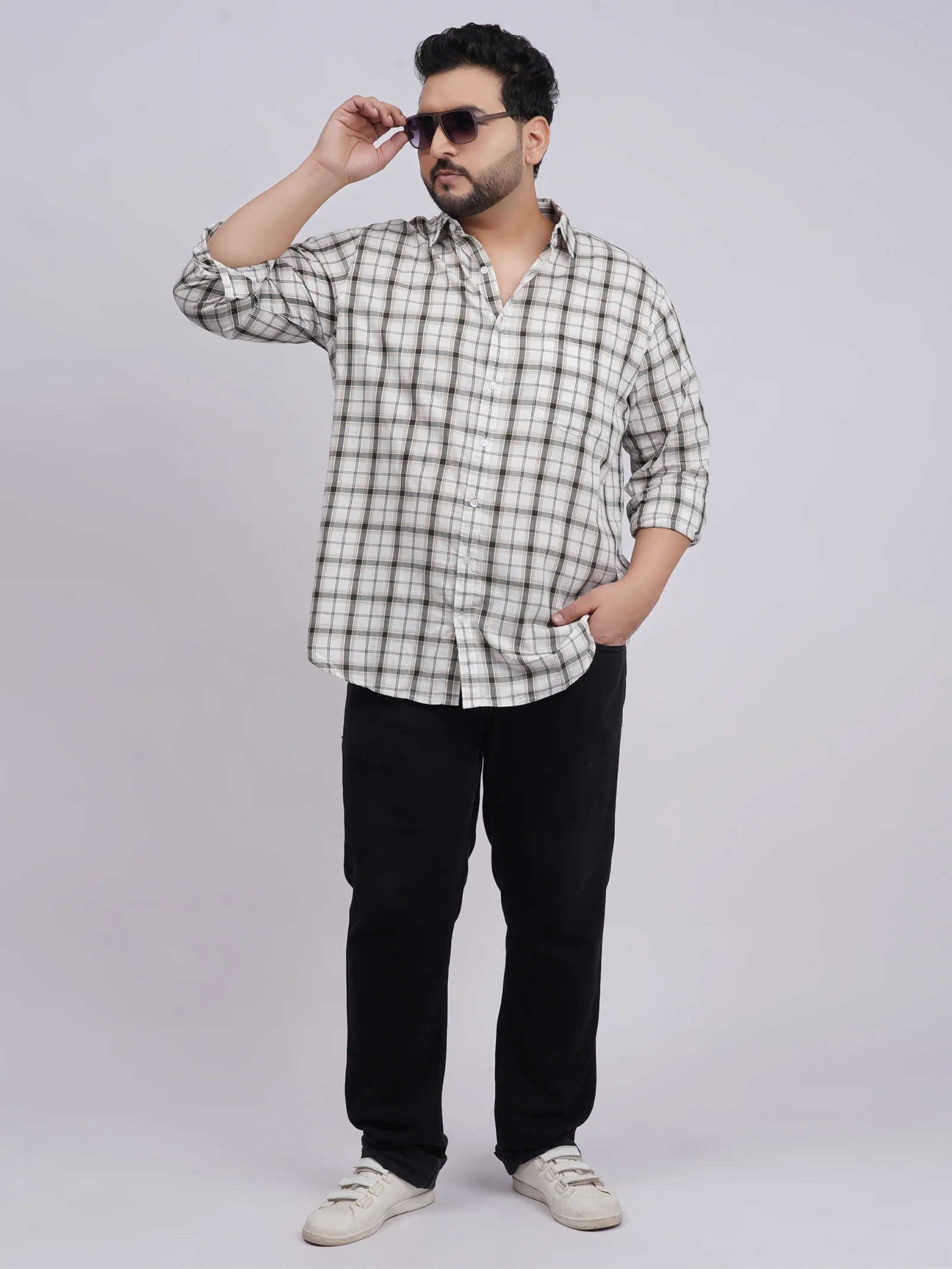 Plus Size White & Olive Checkered Casual Shirt for Men
