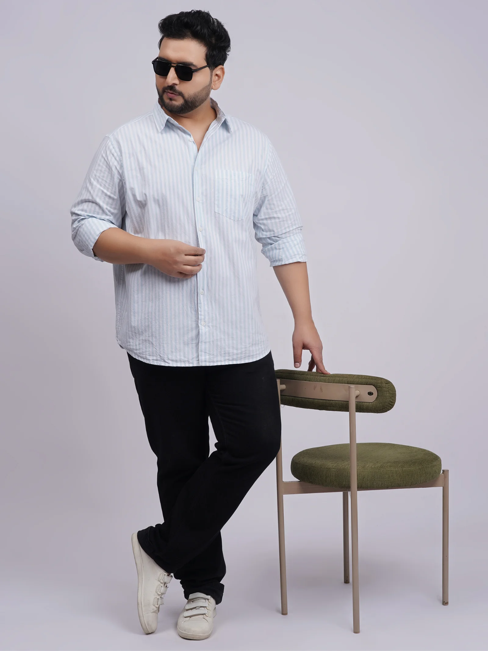 Plus Size Sky Blue Striped Full Sleeve Casual Shirt for Men