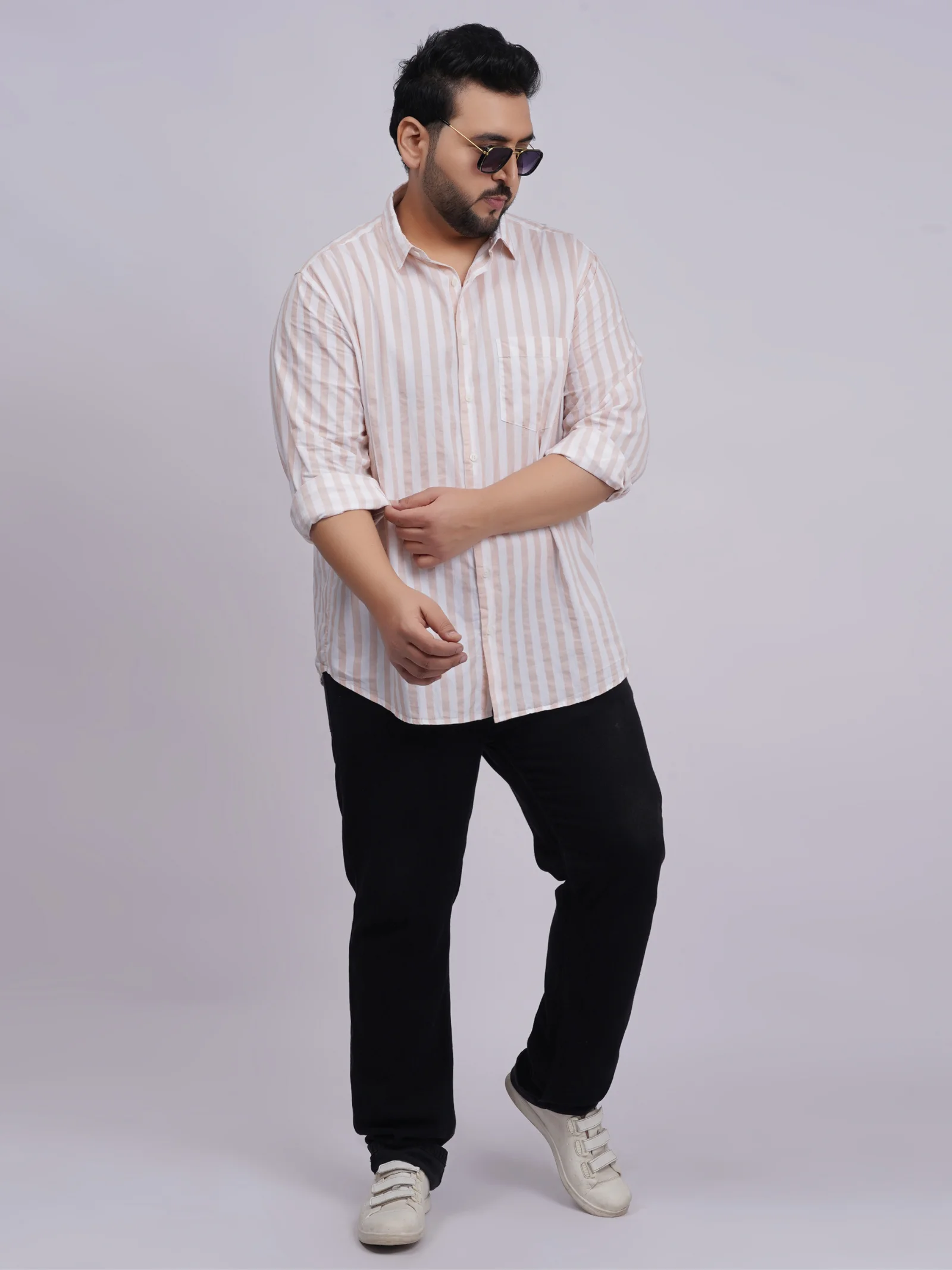 Plus Size Blush Pink Striped Full Sleeve Casual Shirt for Men