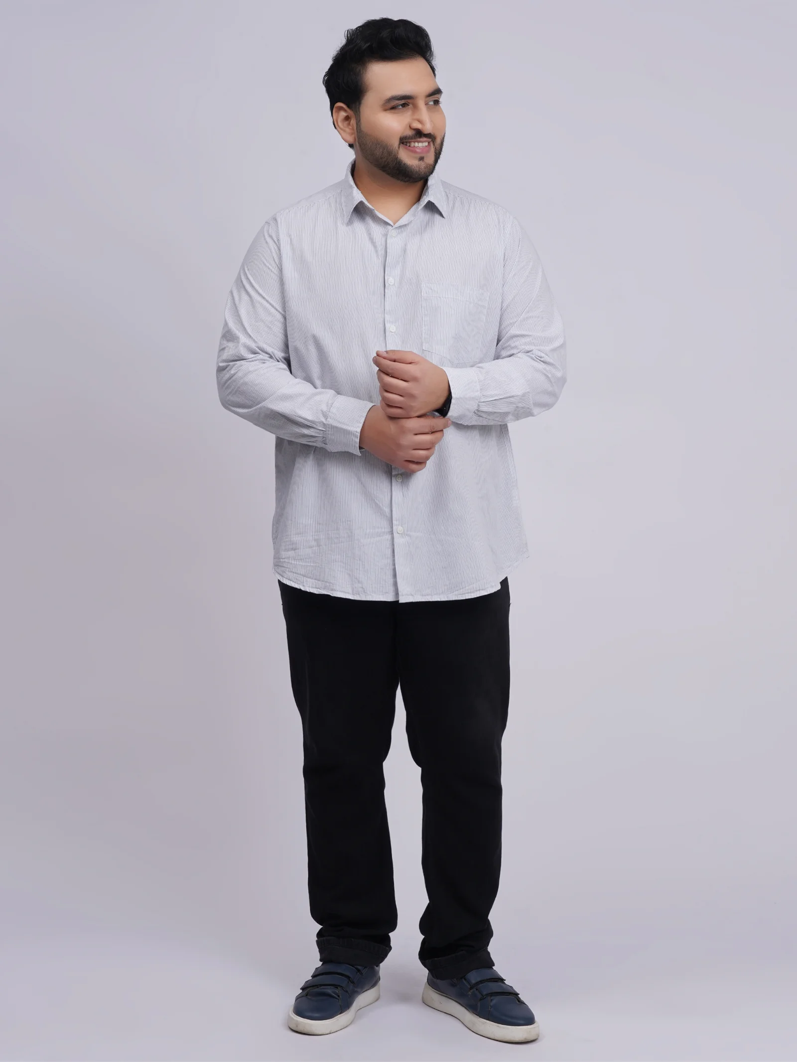 Plus Size White Pinstripe Full Sleeve Formal Shirt for Men