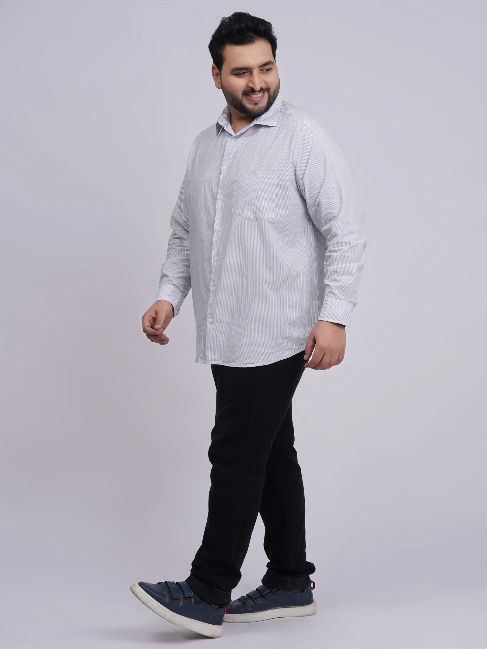 Plus Size White Pinstripe Full Sleeve Formal Shirt for Men - Image 3