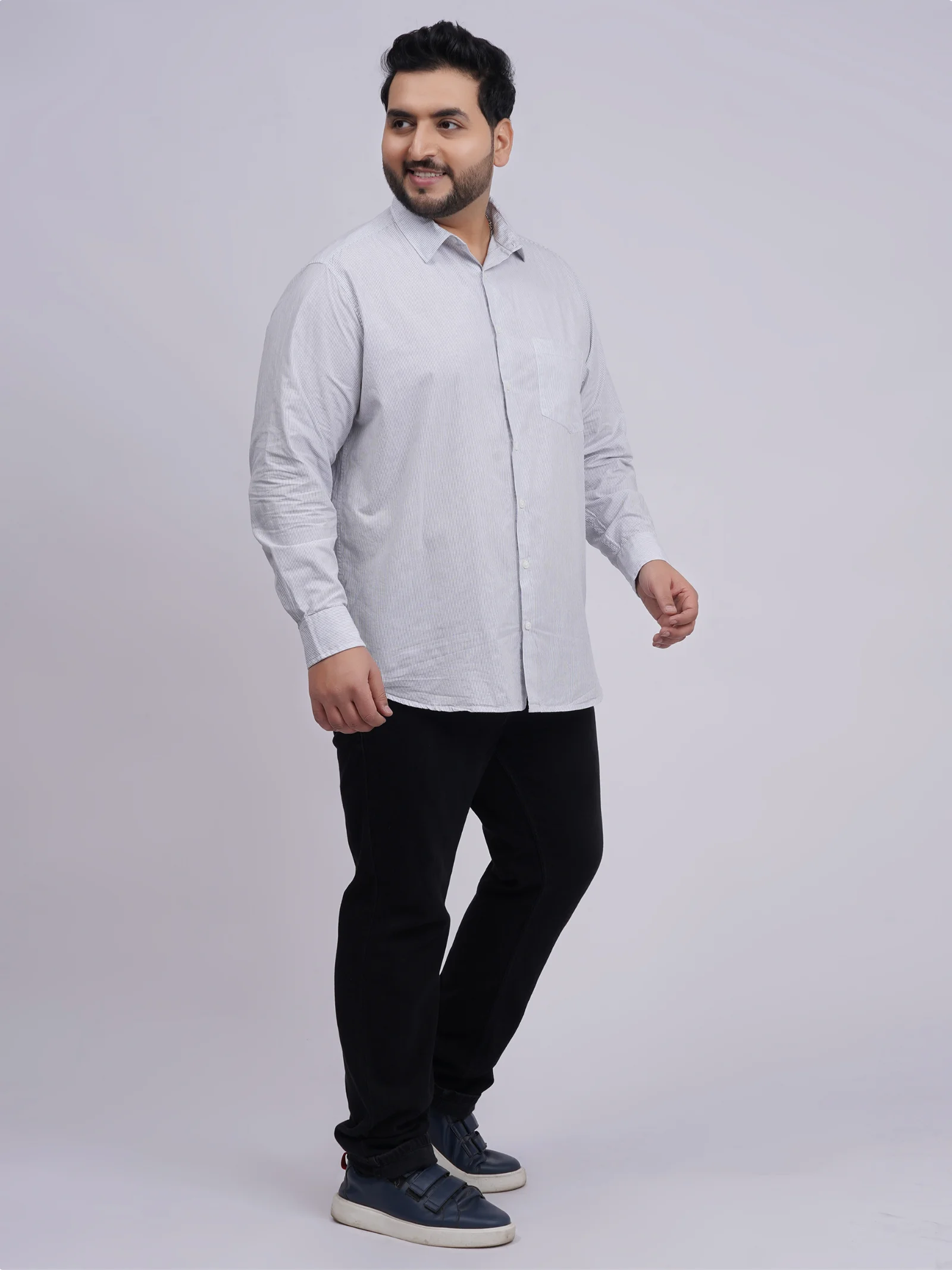 Plus Size White Pinstripe Full Sleeve Formal Shirt for Men - Image 4