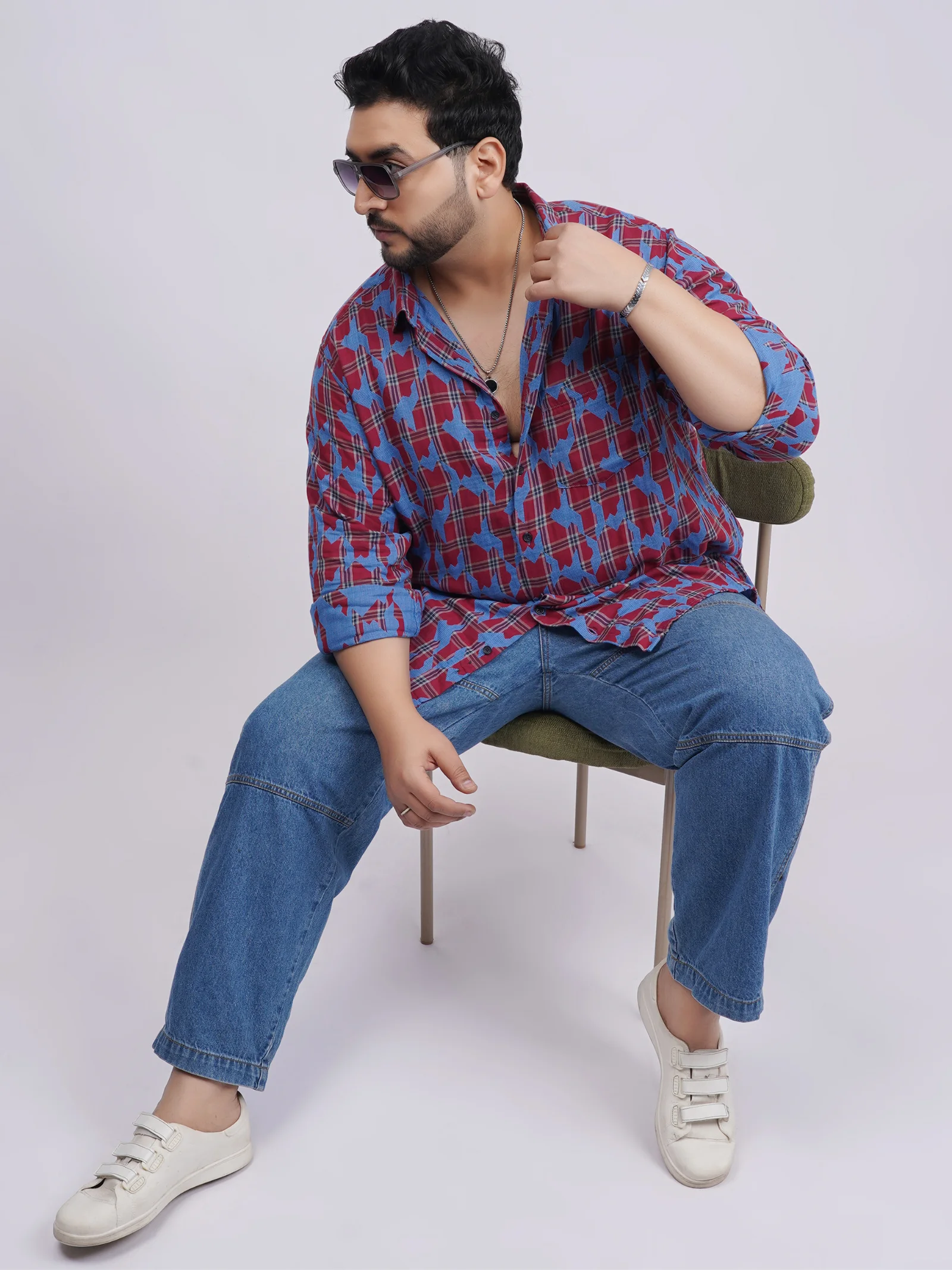 Plus Size Red & Blue Abstract Checkered Casual Shirt for Men
