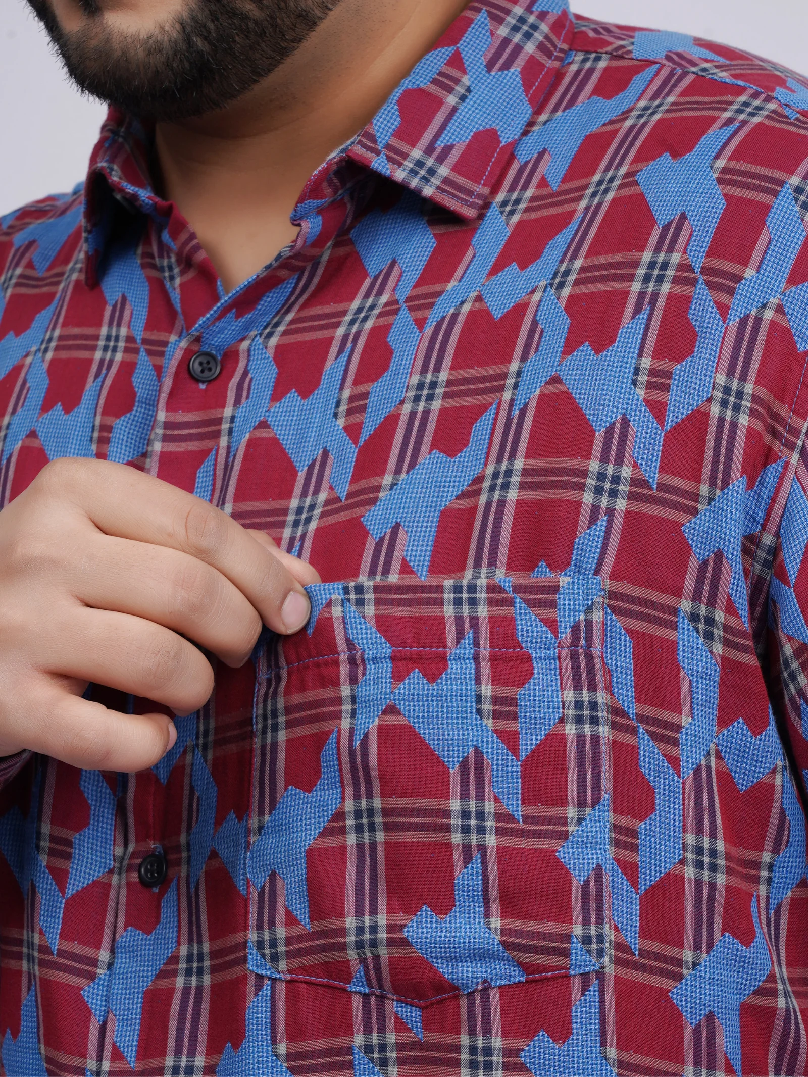 Plus Size Red & Blue Abstract Checkered Casual Shirt for Men