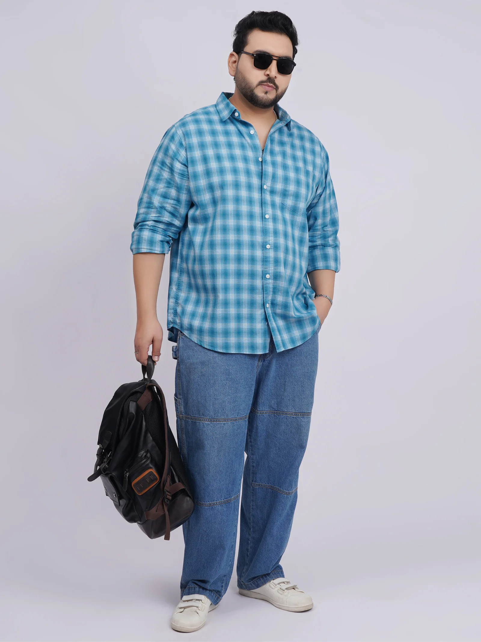 Plus Size Sky Blue Checked Casual Shirt for Men