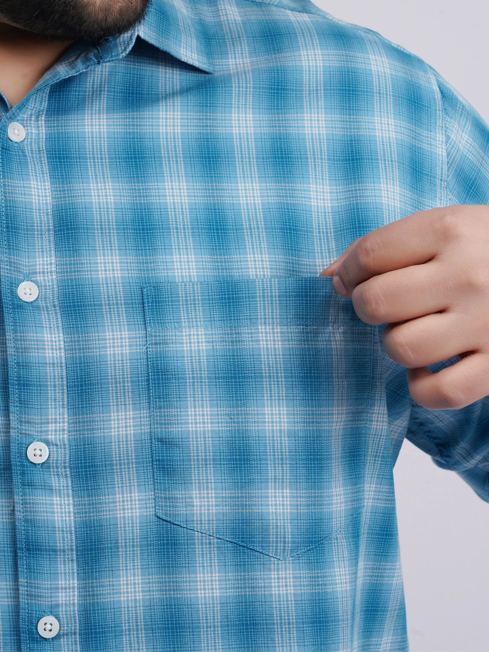 Plus Size Sky Blue Checked Casual Shirt for Men