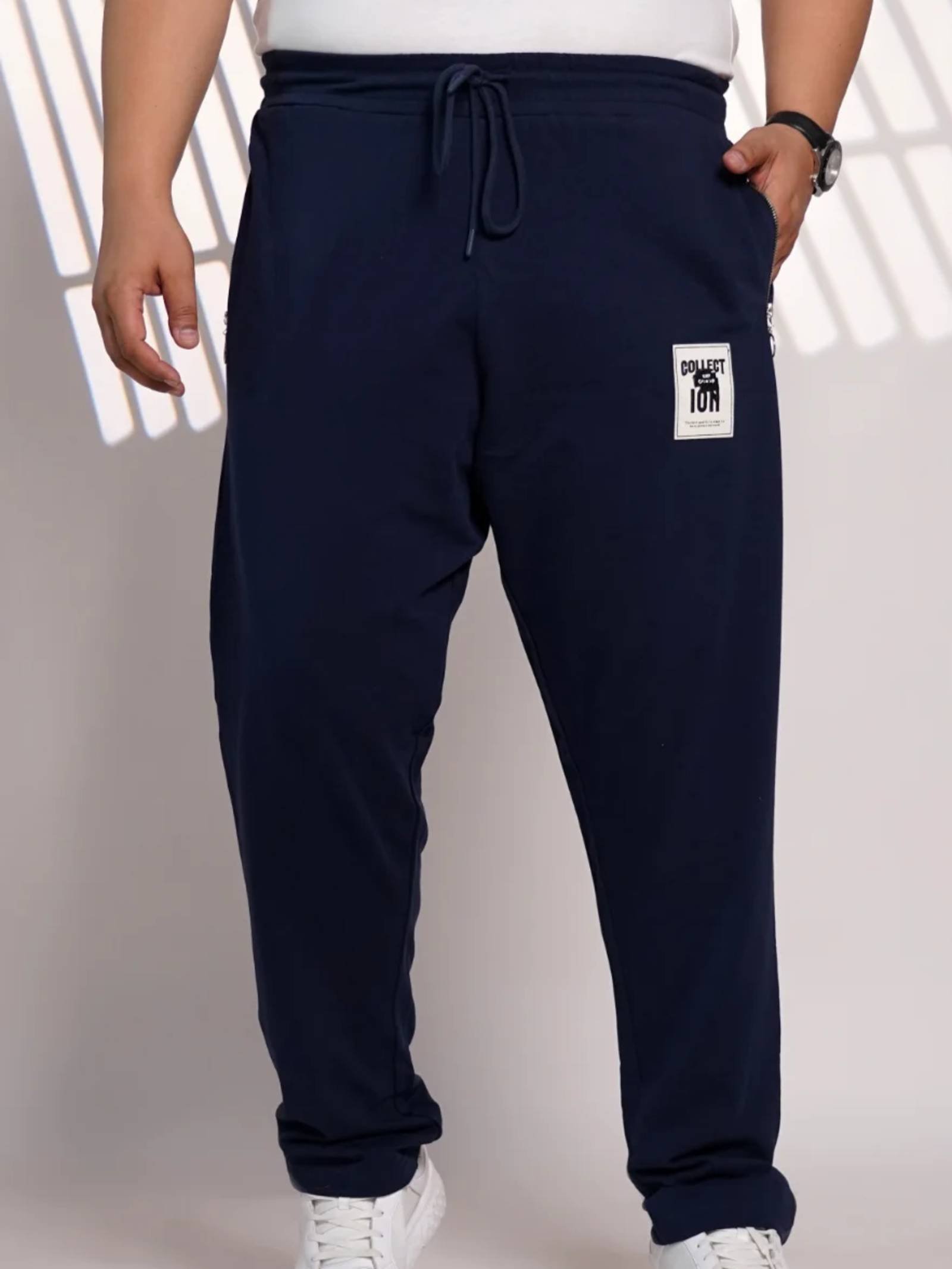 Plus Size Navy Blue Solid Jogger Track Pant for Men with Zipper Pocket