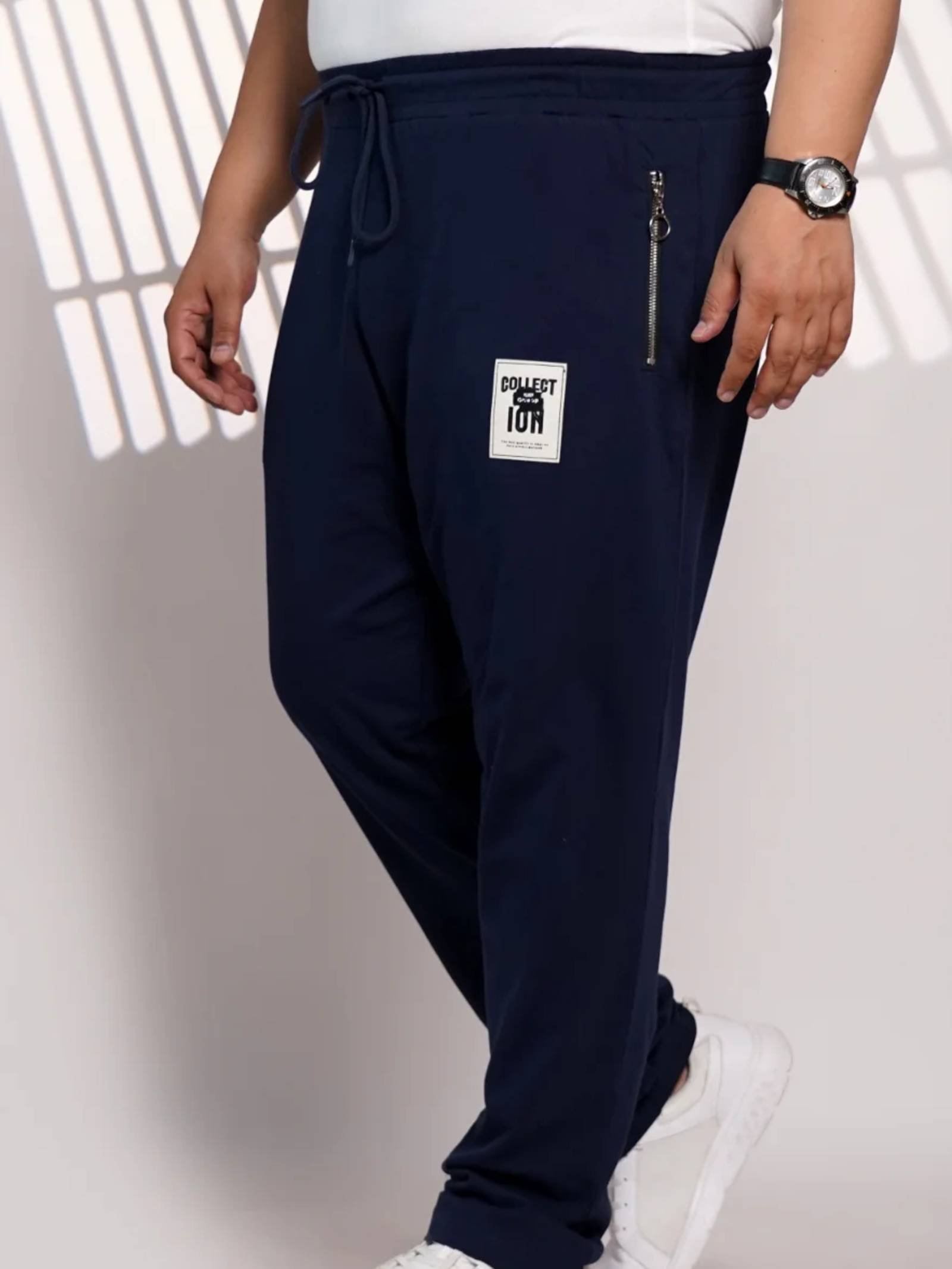 Plus Size Navy Blue Solid Jogger Track Pant for Men with Zipper Pocket