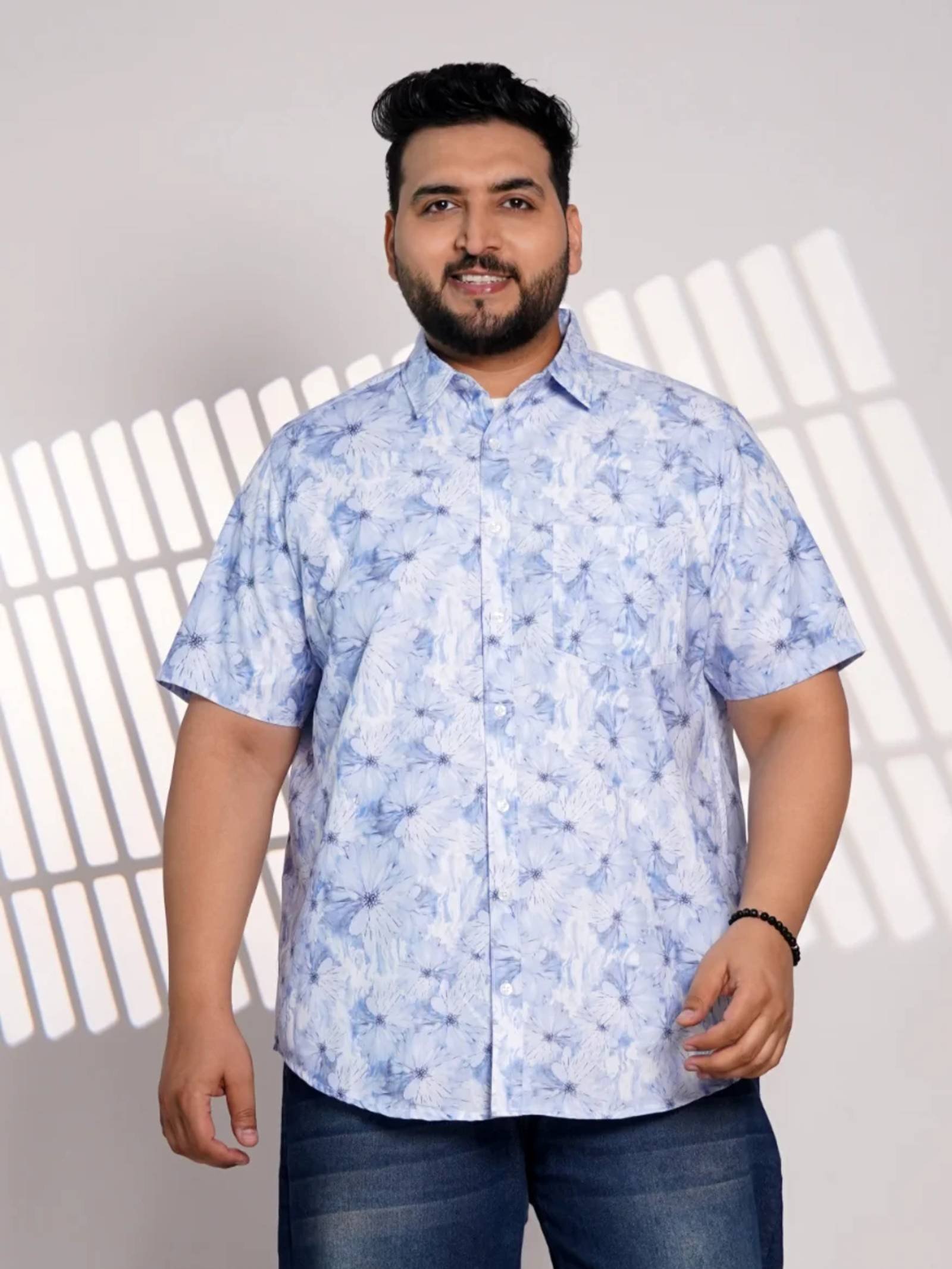 Plus Size Sky Blue Floral Printed Casual Shirt for Men