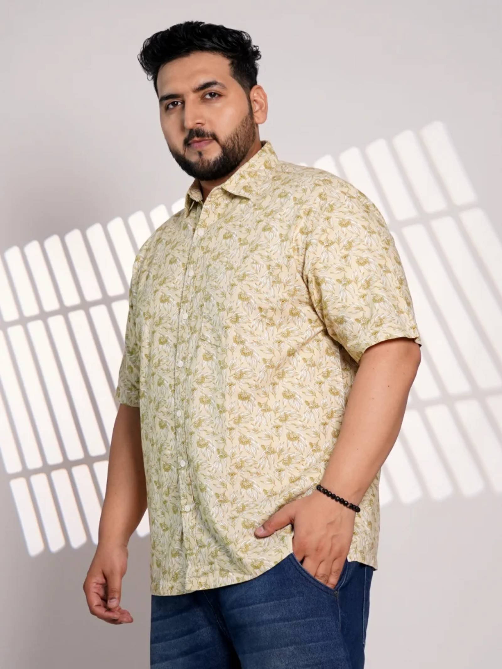 Plus Size Beige Floral Printed Casual Shirt for Men