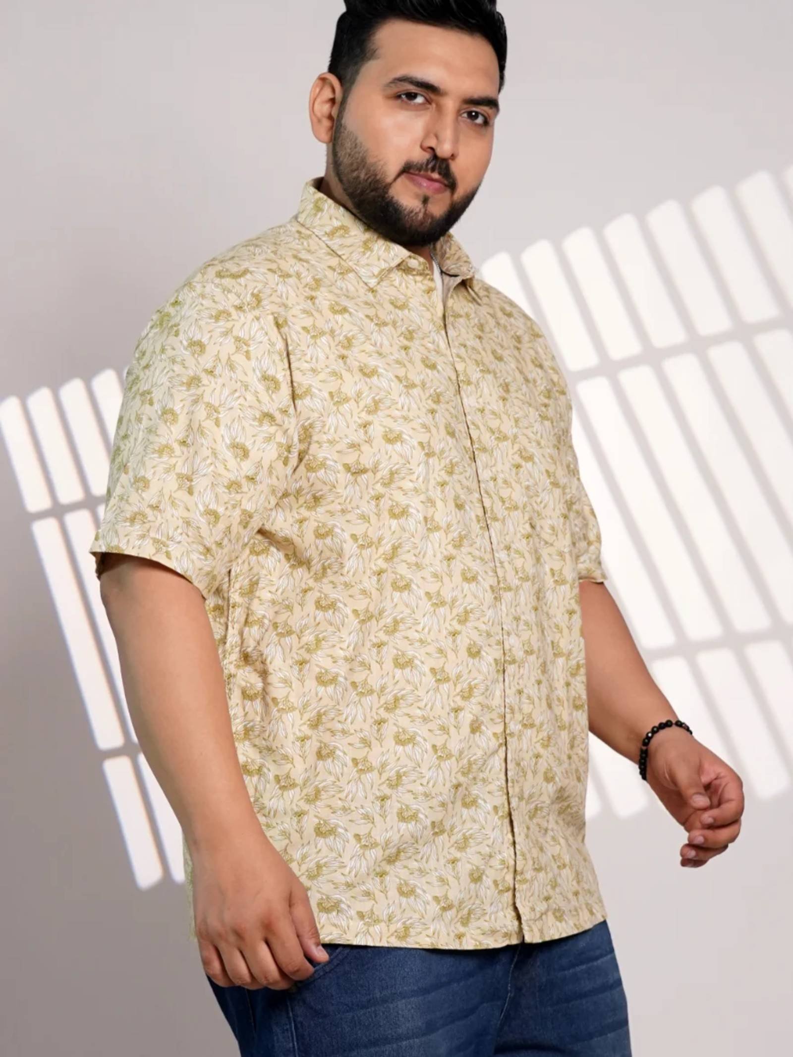 Plus Size Beige Floral Printed Casual Shirt for Men