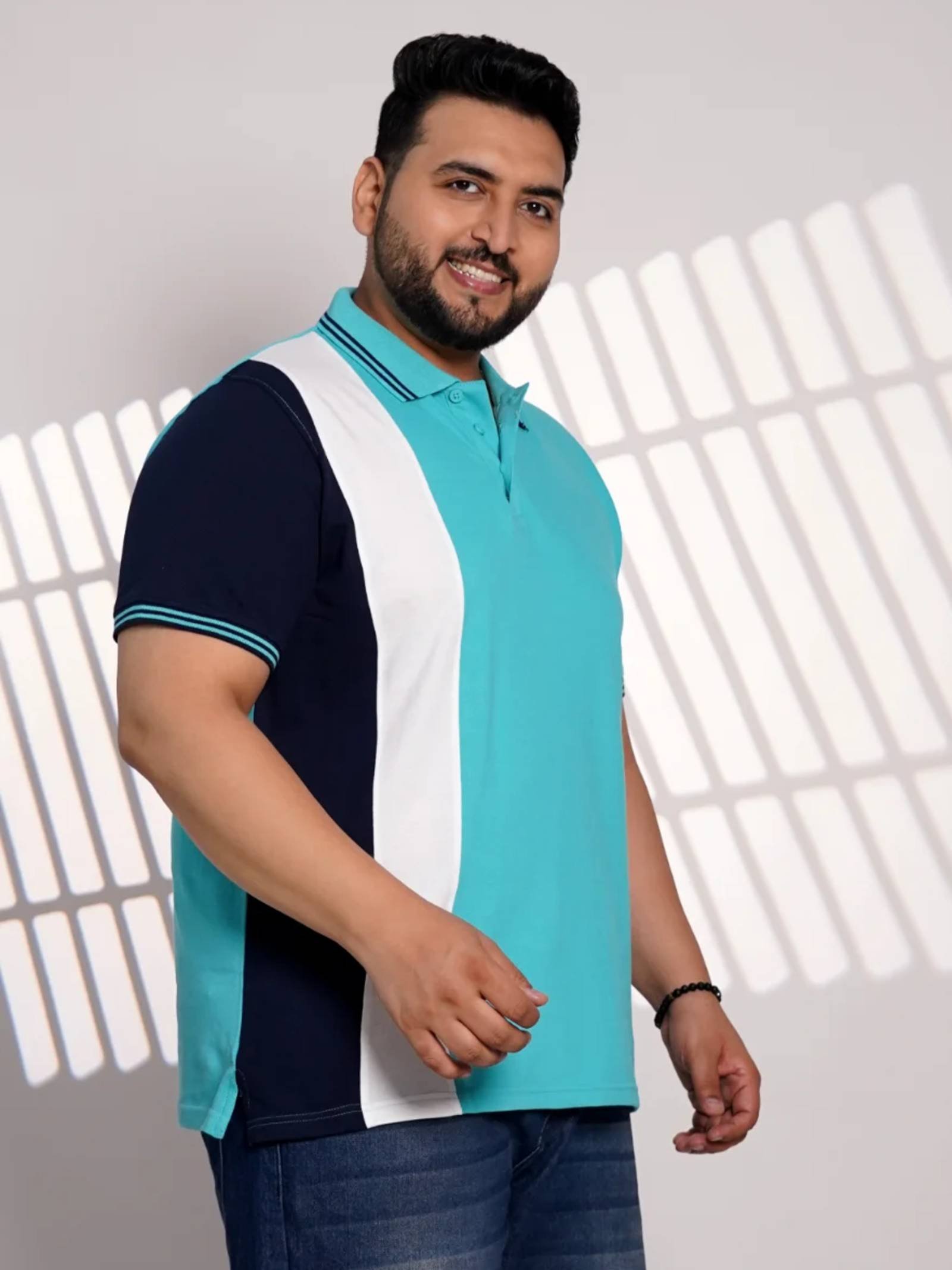 Plus Size Aqua Blue Color Block Polo T-Shirt for Men