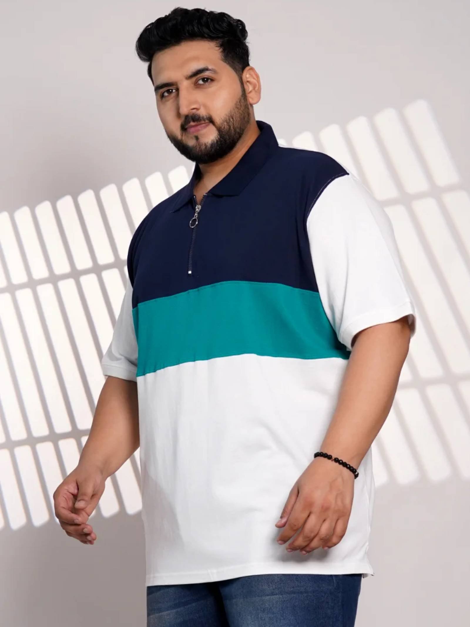 Plus Size Navy Blue & Teal Color Block Zip Polo T-Shirt for Men