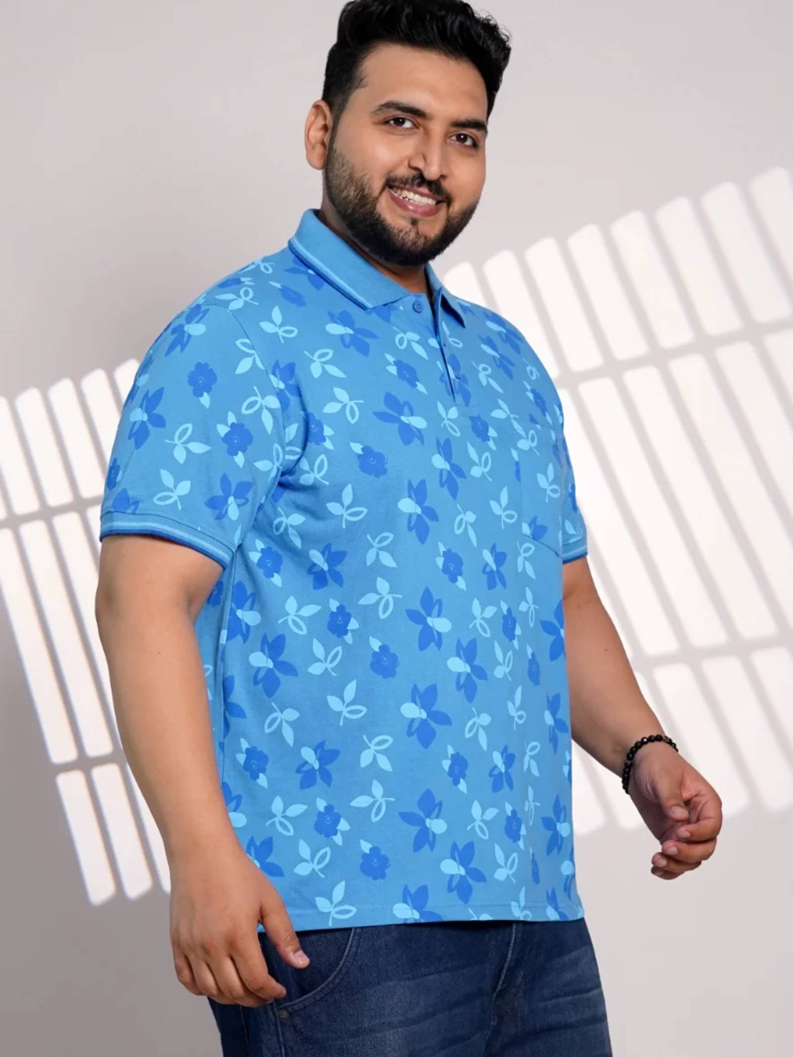 Plus Size Sky Blue Floral Print Polo T-Shirt for Men